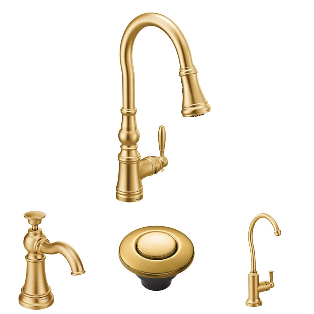 Moen Shepherd's Hook Pulldown Kitchen Faucet S73004BG, Garbage Disposal Air Switch AS-4201-BG, Cold Water Beverage Faucet S5510BG & Soap Dispenser S3945BG in Brushed Gold - Perfect for Modern Kitchens, Bar Sinks & Home Renovations