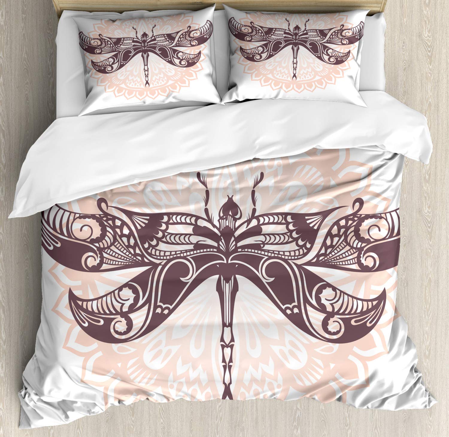 Ambesonne Ethnic King Size Duvet Cover Set - Ornamental Dragonfly Silhouette on Sun Mandala Design, 3 Piece Bedding Set with 2 Pillow Shams in Eggplant & Pale Rose | Bohemian Home Decor for Master Bedroom, Guest Room & Dorm
