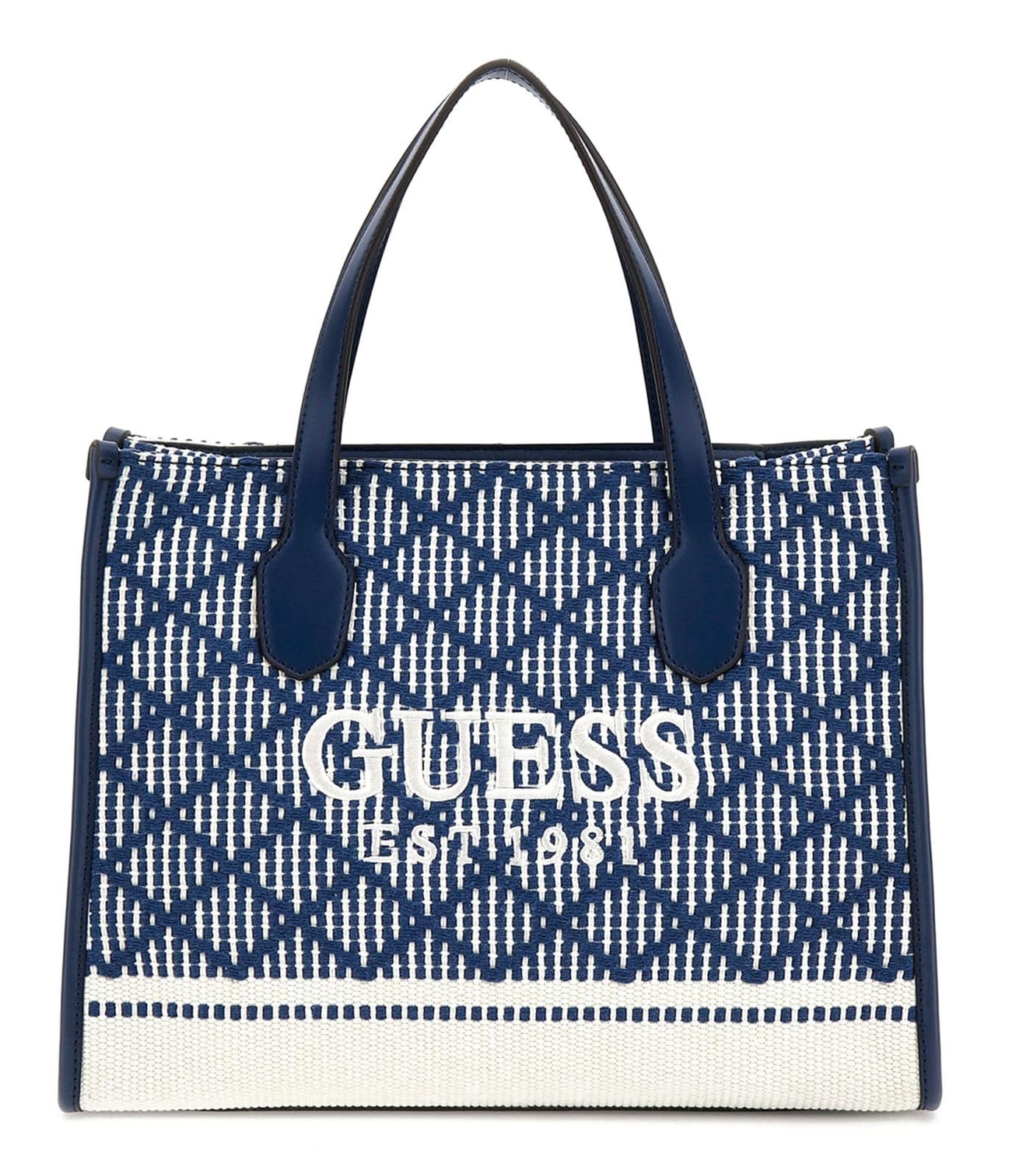 GUESS Silvana Double Compartment Tote Bag for Women - Navy Multi Color Large Work Tote - Perfect for Office, Travel & Everyday Use