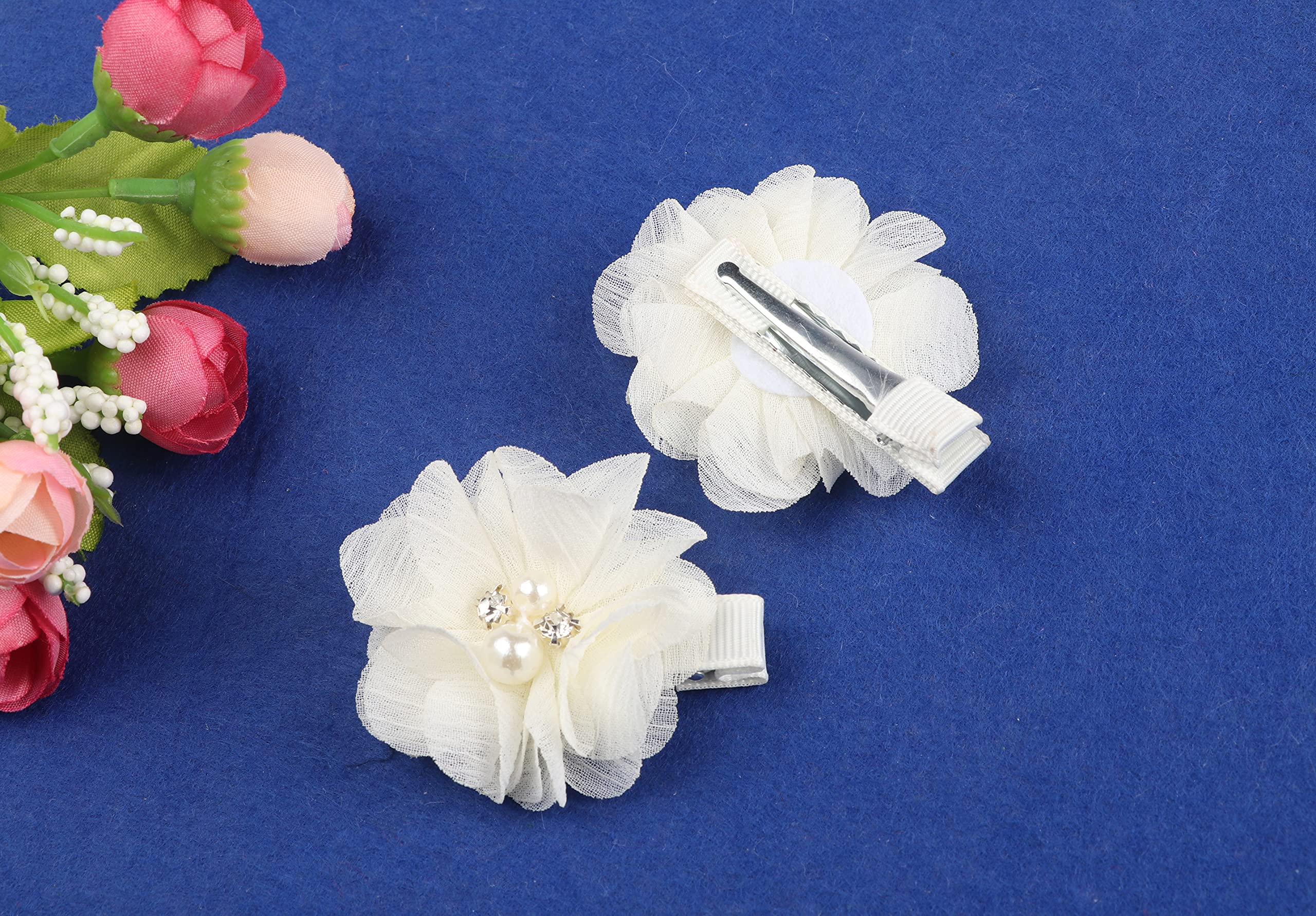 YYCRAFT 10pcs Baby Girls Hair Clips - Chiffon Flower with Rhinestones & Pearl Decorations, 2