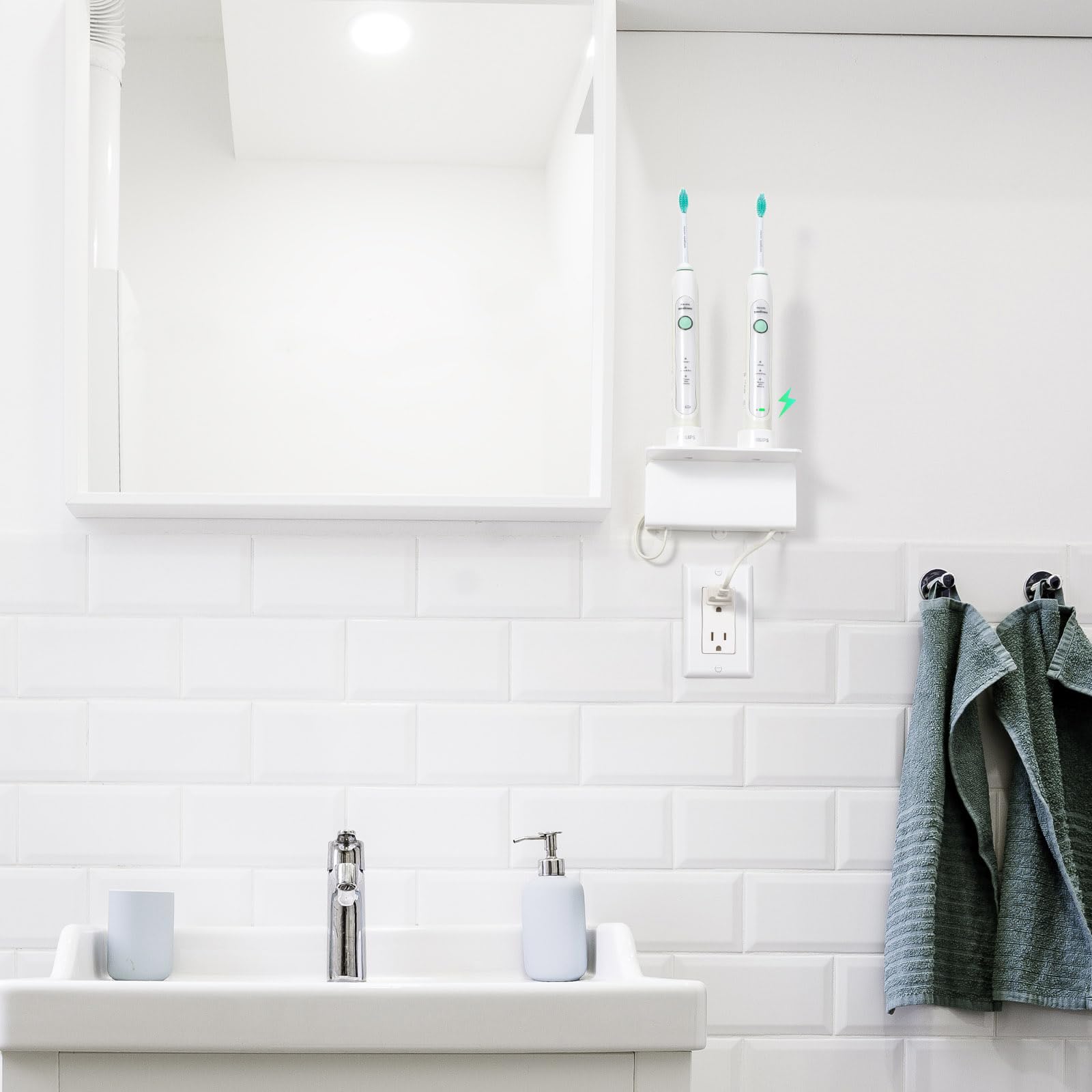 OAPRIRE Acrylic Wall Mount Electric Toothbrush Holder with Cable Organizer - Space Saving Bathroom Organizer for Oral Care Essentials - Perfect for Charging Toothbrushes in Small Bathrooms & Vanities (White)