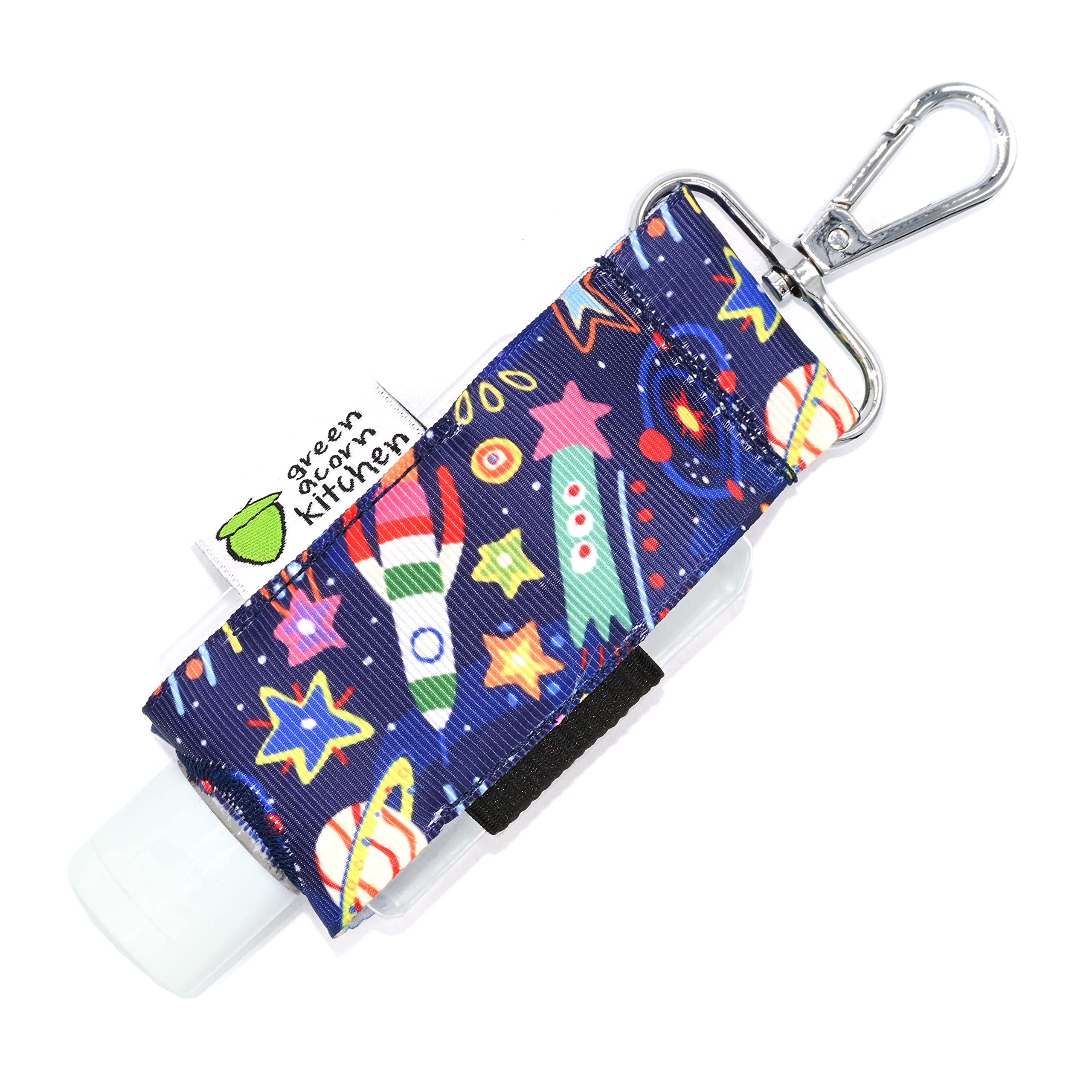 Refillable Hand Sanitizer Holder with 2oz Travel Size Bottle - Navy Blue Space Print - Swivel Clip for Backpack, Purse, Keychain - Eco-Friendly Handmade Sanitizer Case by Green Acorn Kitchen - Perfect for Travel, Office, School & Daily Hygiene