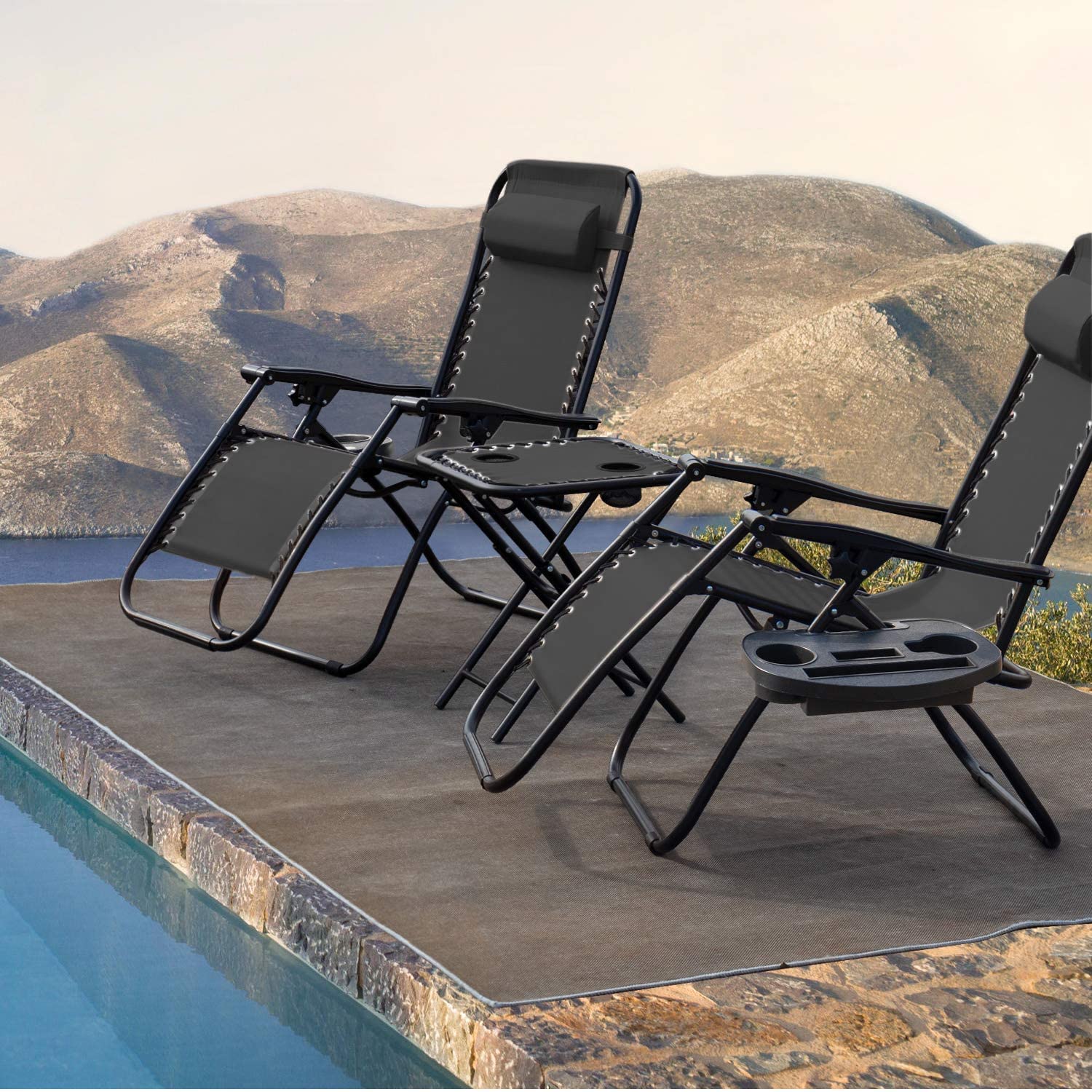 Devoko Zero Gravity Chair - Adjustable Outdoor Recliner with Side Table & Pillow, Foldable Patio Lounge Chair for Pool, Beach, Garden, and Backyard Relaxation (Black)