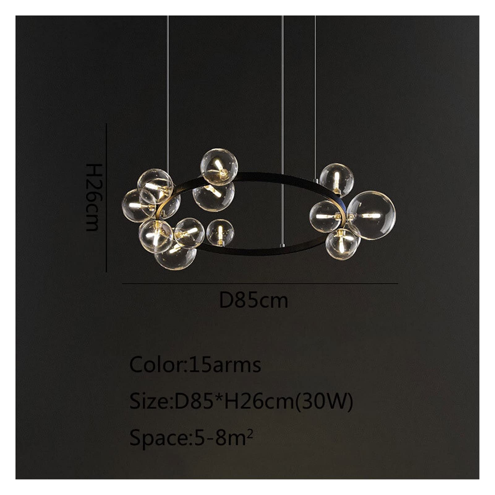 Modern LED Chandelier Light Fixture - Black Glass Hanging Pendant for Living Room, Dining Room & Kitchen | Energy Efficient Indoor Lighting for Home Decor & Ambience