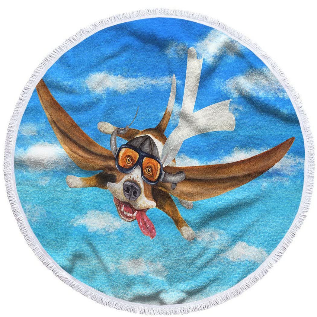 Beabes Pilot Dog Beach Towel - Joyful Basset Hound Design with Flying Clouds Sky Pattern, 63 Inch Large Round Bath Towel for Travel, Picnic & Beach | Soft Hand Towel for Dogs, Pets & Outdoor Activities