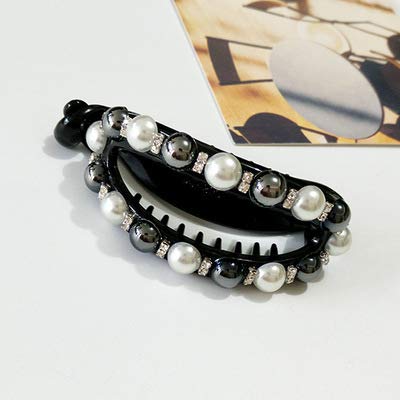 Sparkly Black and White Pearl Bow Banana Hair Clips - Diamond Ponytail Holder with No Slip Grip Teeth for Women & Girls - Perfect for Weddings, Parties, and Everyday Hair Styling