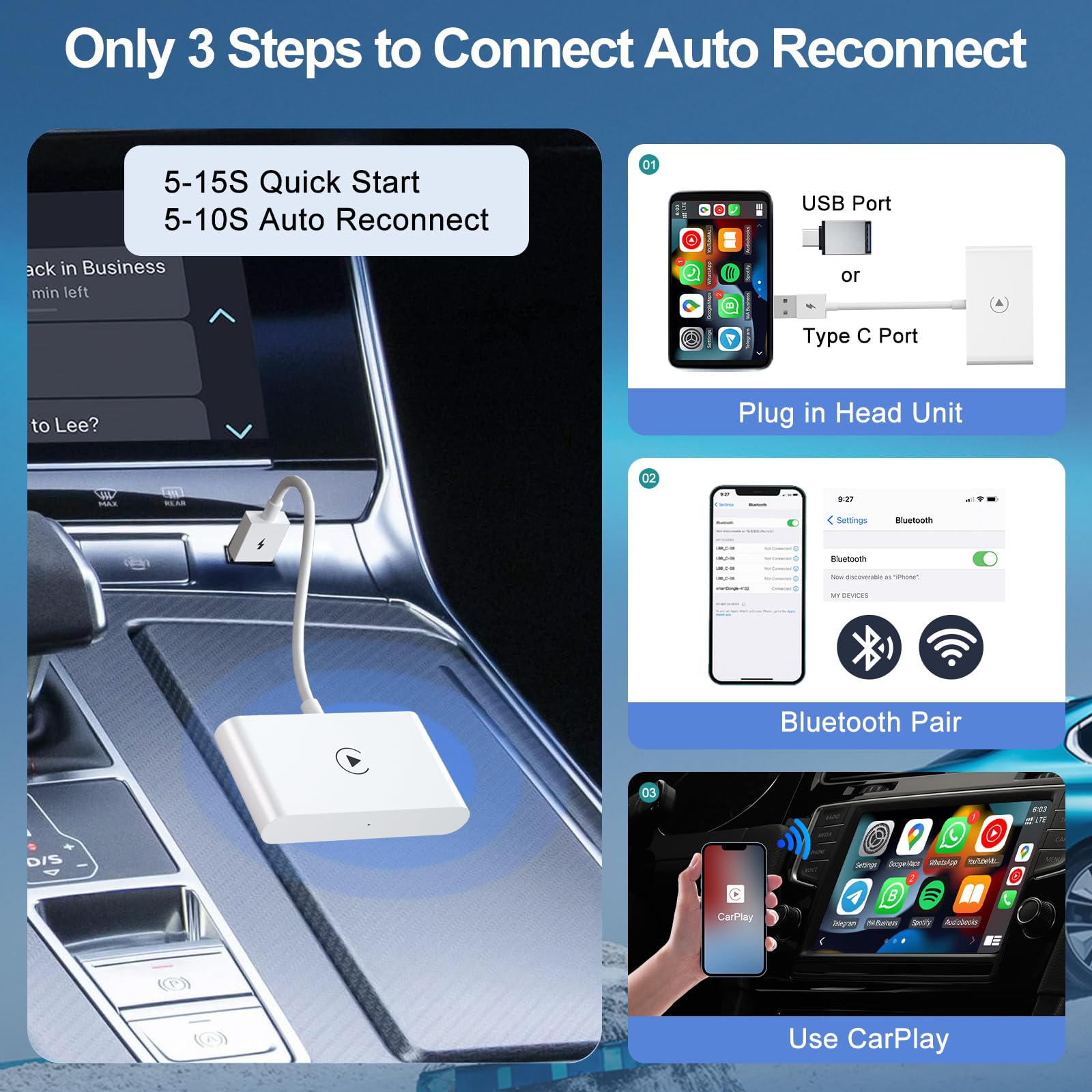 Wireless CarPlay Adapter for iPhone - Convert Wired to Wireless CarPlay for Audi, VW, Skoda, Hyundai, Volvo, Renault - iOS 13+ & 5GHz WiFi Support - Perfect for Hands-Free Driving & Seamless Music Streaming