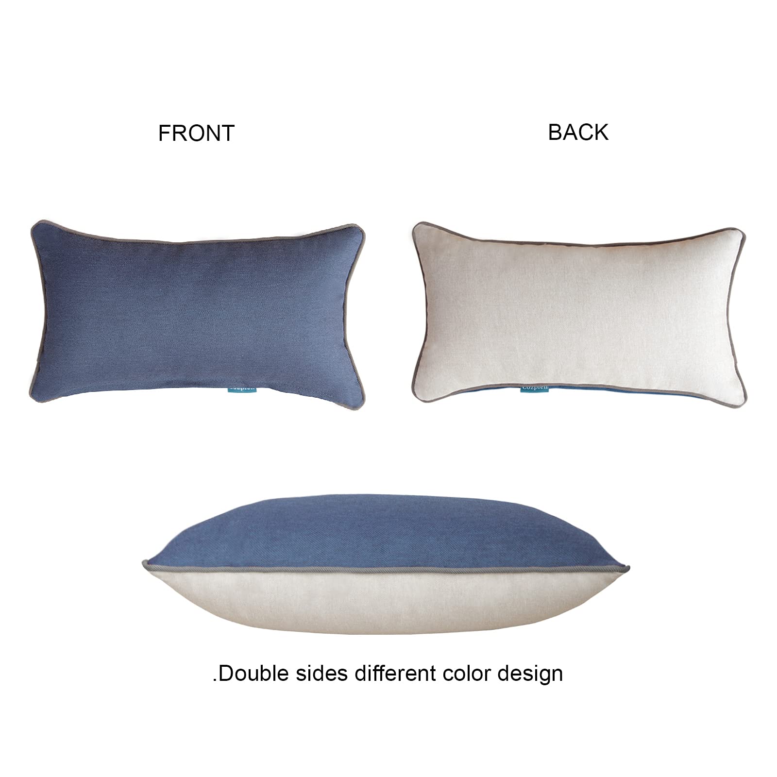 Waterproof Outdoor Lumbar Pillows Set of 2 - 10x18 Inch Rectangle Patio Cushions for Garden, Poolside & Porch Furniture - Decorative Beige & Navy Waist Pillows for Lounge Chairs, Daybeds & Outdoor Seating