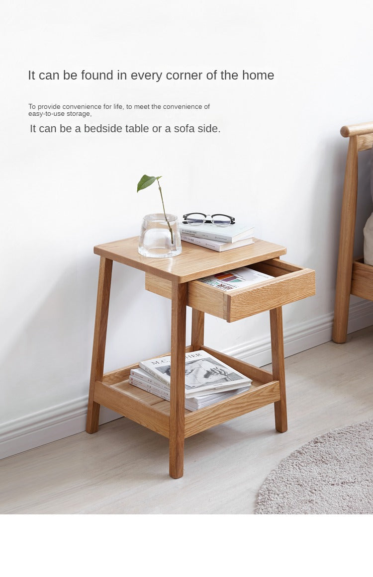 Solid Oak Wood Side Table with Double Layer Shelf - Perfect for Living Room, Bedroom, or Office Decor