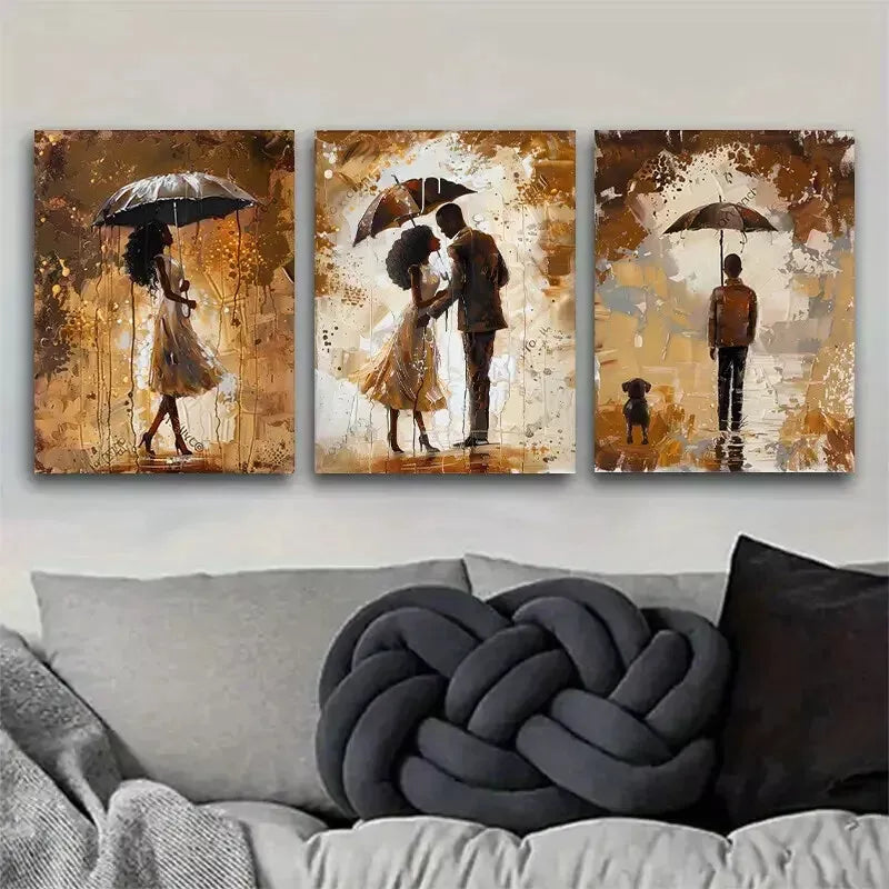 3pcs Romantic Rainy Day Couples Art Set - Framed Canvas 50x70cm - High Quality Wall Art Print - Australian Made - Ready to Hang - Perfect for Bedroom, Living Room & Wedding Gift