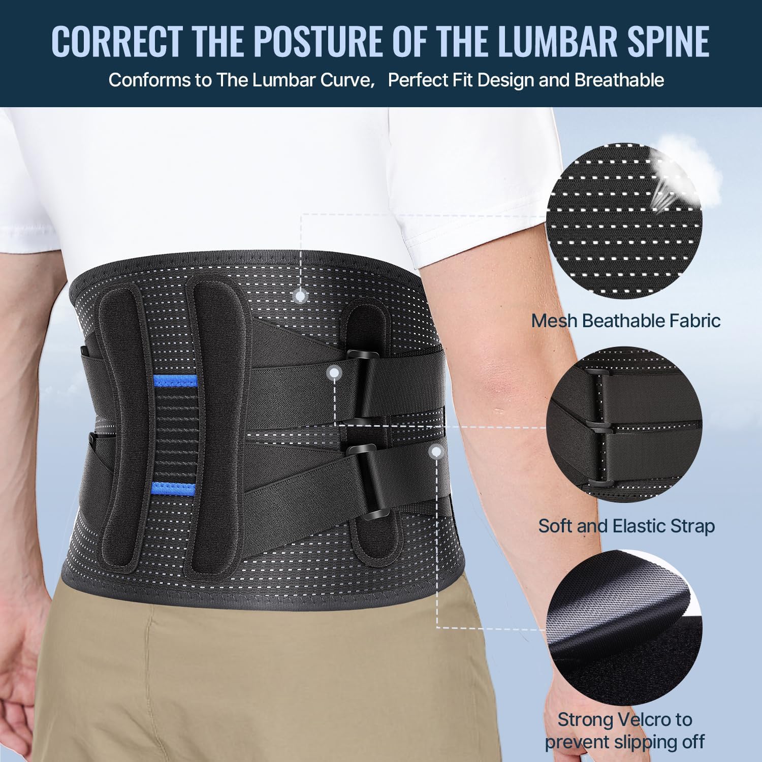 Fit Geno Back Brace Support for Lower Back Pain Relief - Adjustable Lumbar Support Belt for Herniated Discs & Heavy Lifting - Breathable Design for Men & Women - Perfect for Workouts, Office Work & Post-Surgery Recovery