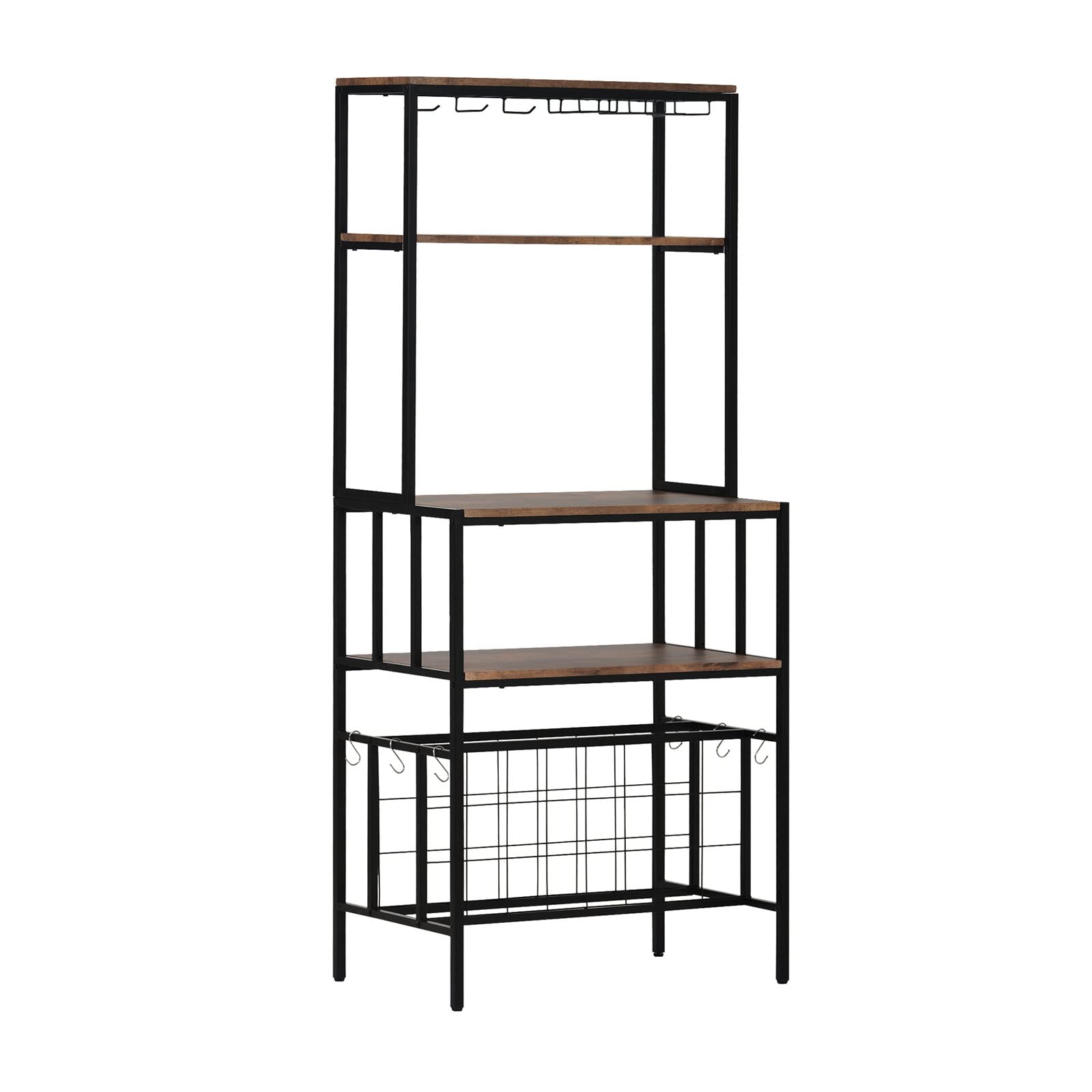 Modern 5-Tier Industrial Wine Rack Table with Glass Cup Holder & Hooks - Freestanding 24 Bottle Storage, Metal Bar Shelf for Office, Kitchen & Living Room - Perfect for Home Decor, Wine Display & Space Organization