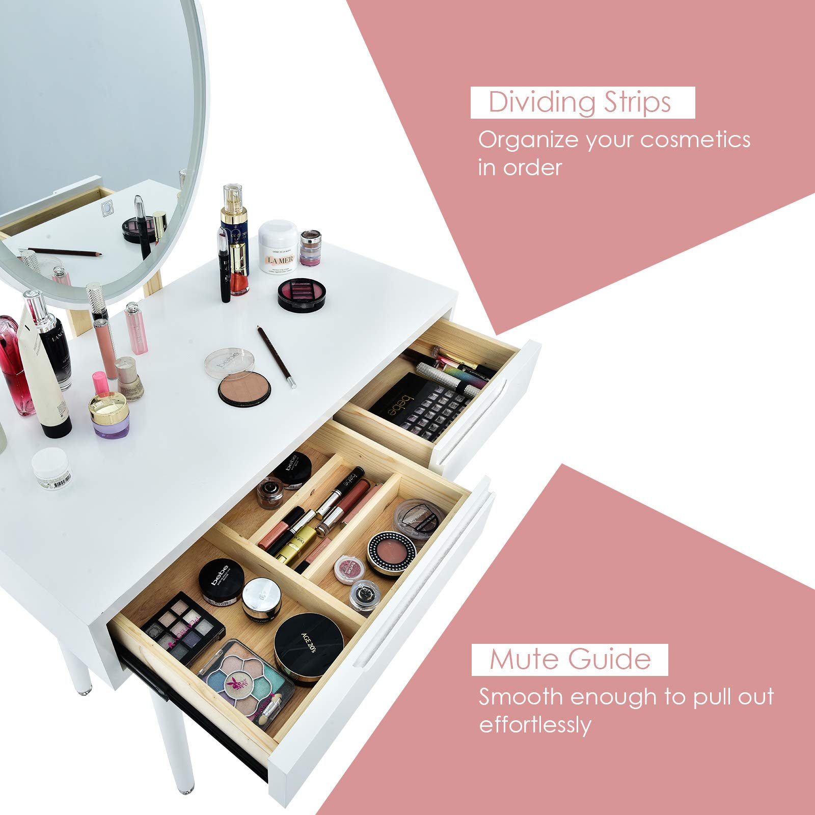 Charmaid Vanity Set with LED Lighted Mirror - 3 Adjustable Brightness Modes, Makeup Dressing Table with Cushioned Stool & 2 Sliding Drawers - Modern Bedroom Vanity for Women & Girls (White) - Perfect for Makeup Application, Skincare Routine & Home Decor