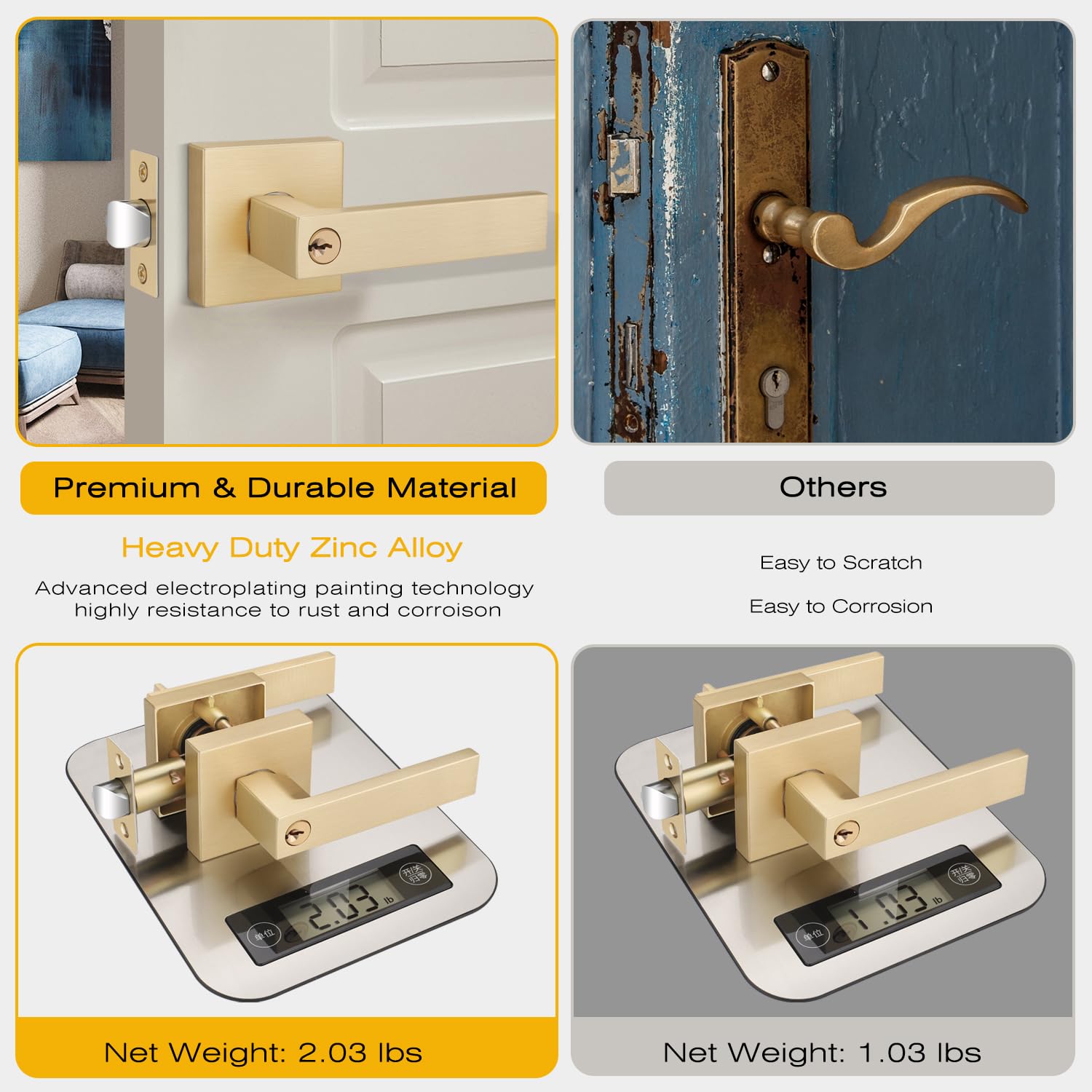 EHOMEWARE 4 Pack Keyed Alike Entry Door Handles with Lock - Gold Door Lever Set for Indoor & Outdoor Use - Bedroom, Bathroom & Exterior Doors - Includes Keys for Home Security & Convenience