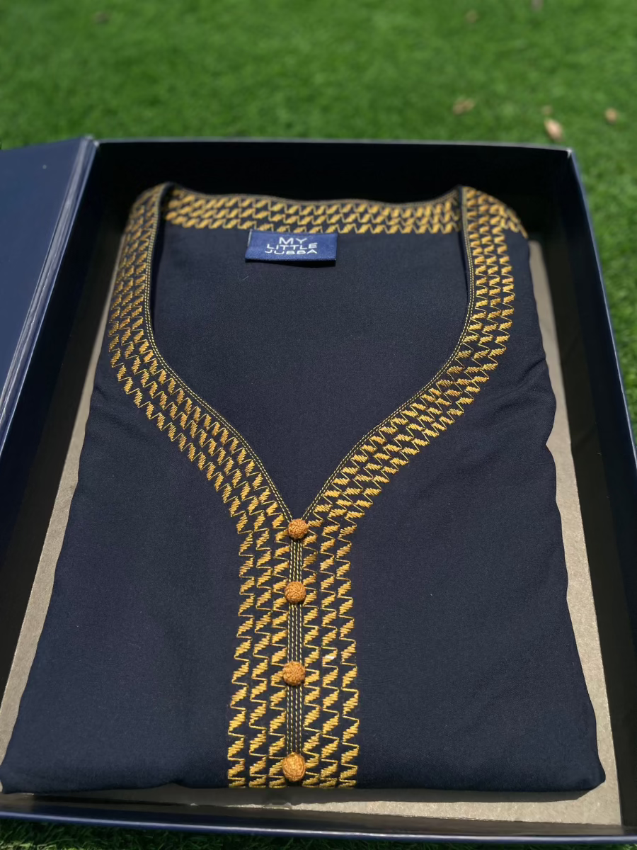Men's Navy Blue Thobe with Mustard Embroidery - 3/4 Sleeve Traditional Islamic Robe for Prayer, Eid & Special Occasions