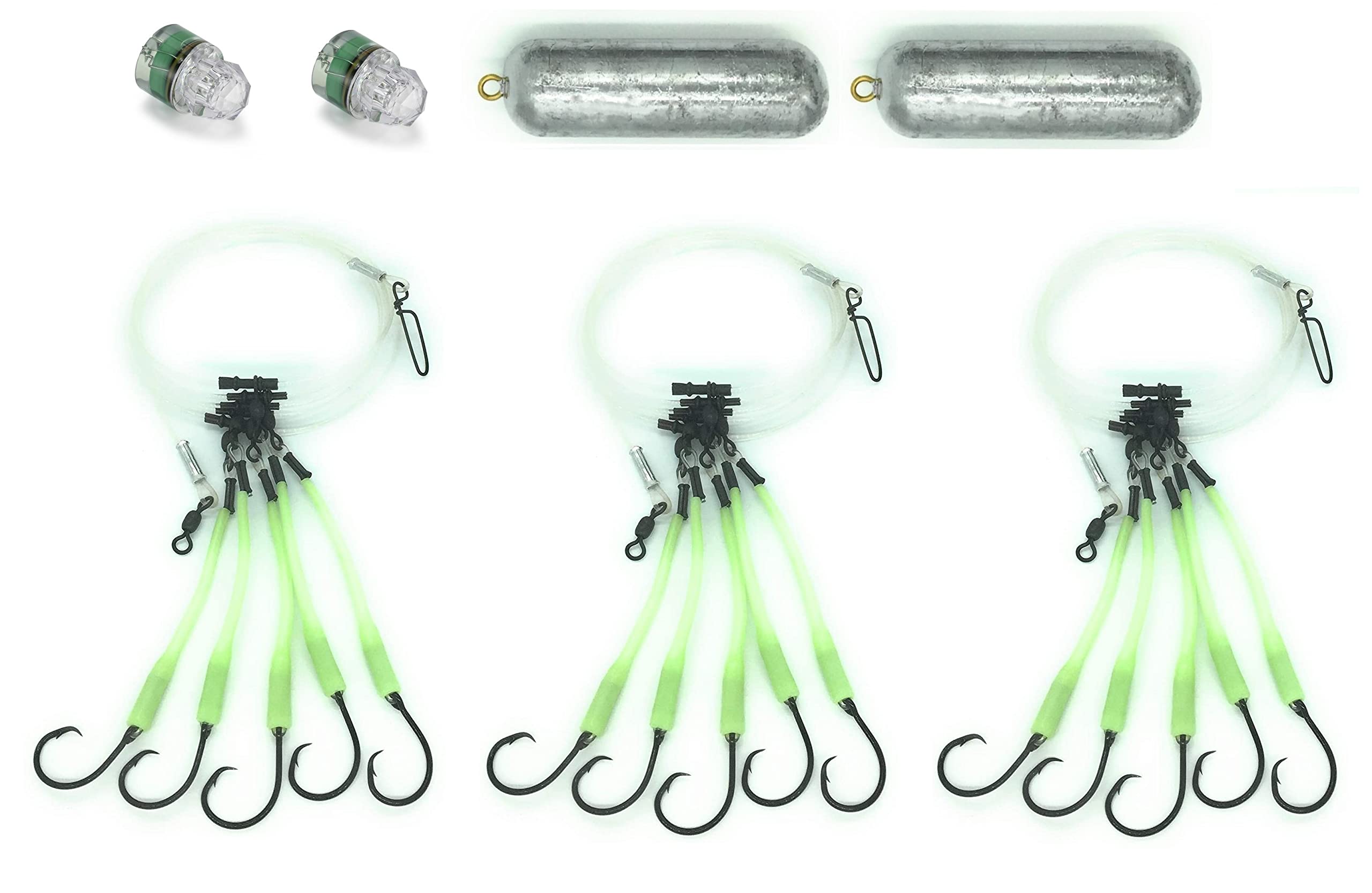 6/0 Deep Drop Snapper Fishing Rig Bundle - 3 Rigs, 2 LED Deep Drop Lights, 2 Heavy Deep Drop Weights for Offshore Bottom Fishing | Perfect for Deep Sea Snapper, Grouper & Tilefish Angling