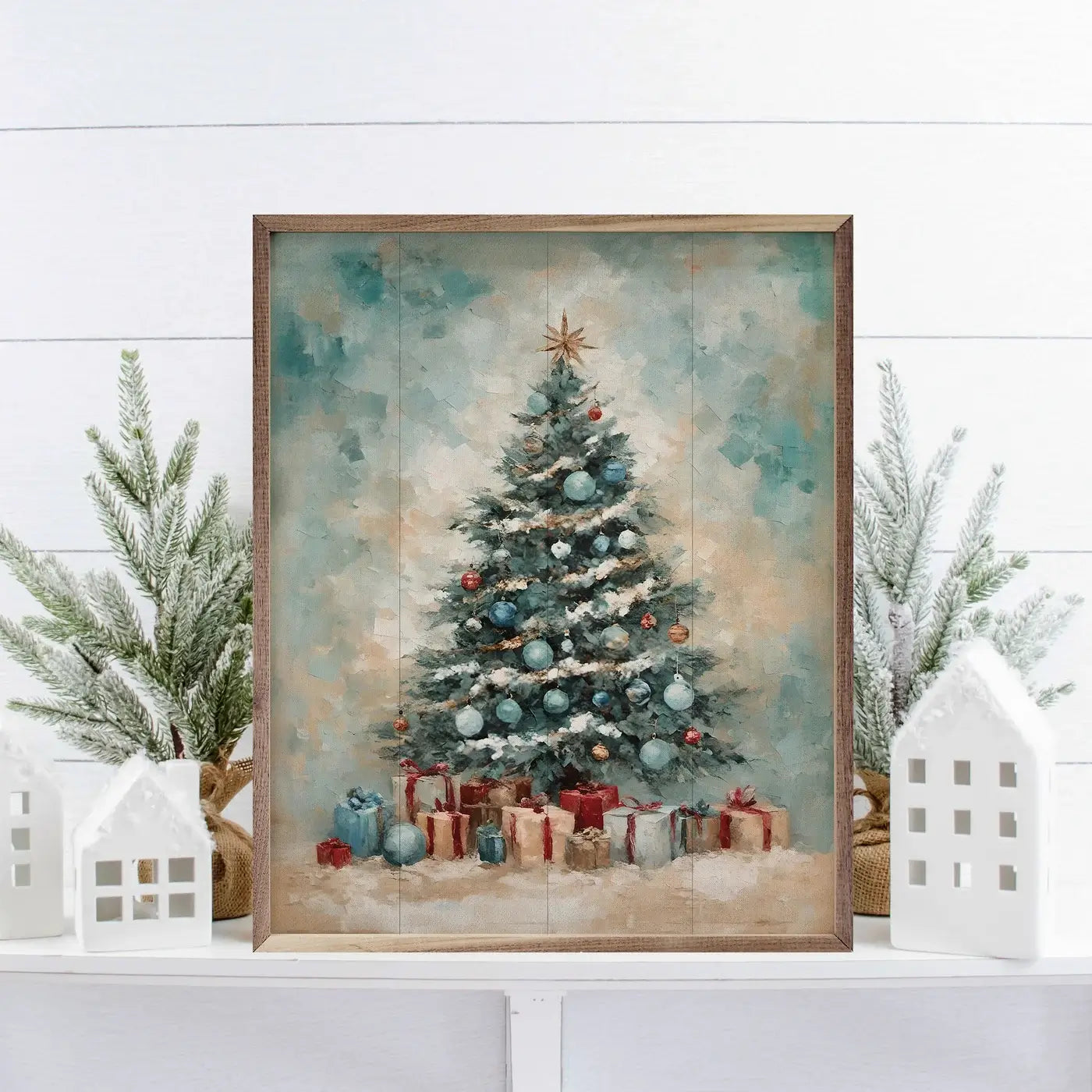 Coastal Holiday Tree Wood Framed Print - Beach House Wall Decor for Christmas, Living Room Art, Coastal Themed Home Decoration | Perfect for Holiday Gifts & Seasonal Home Styling