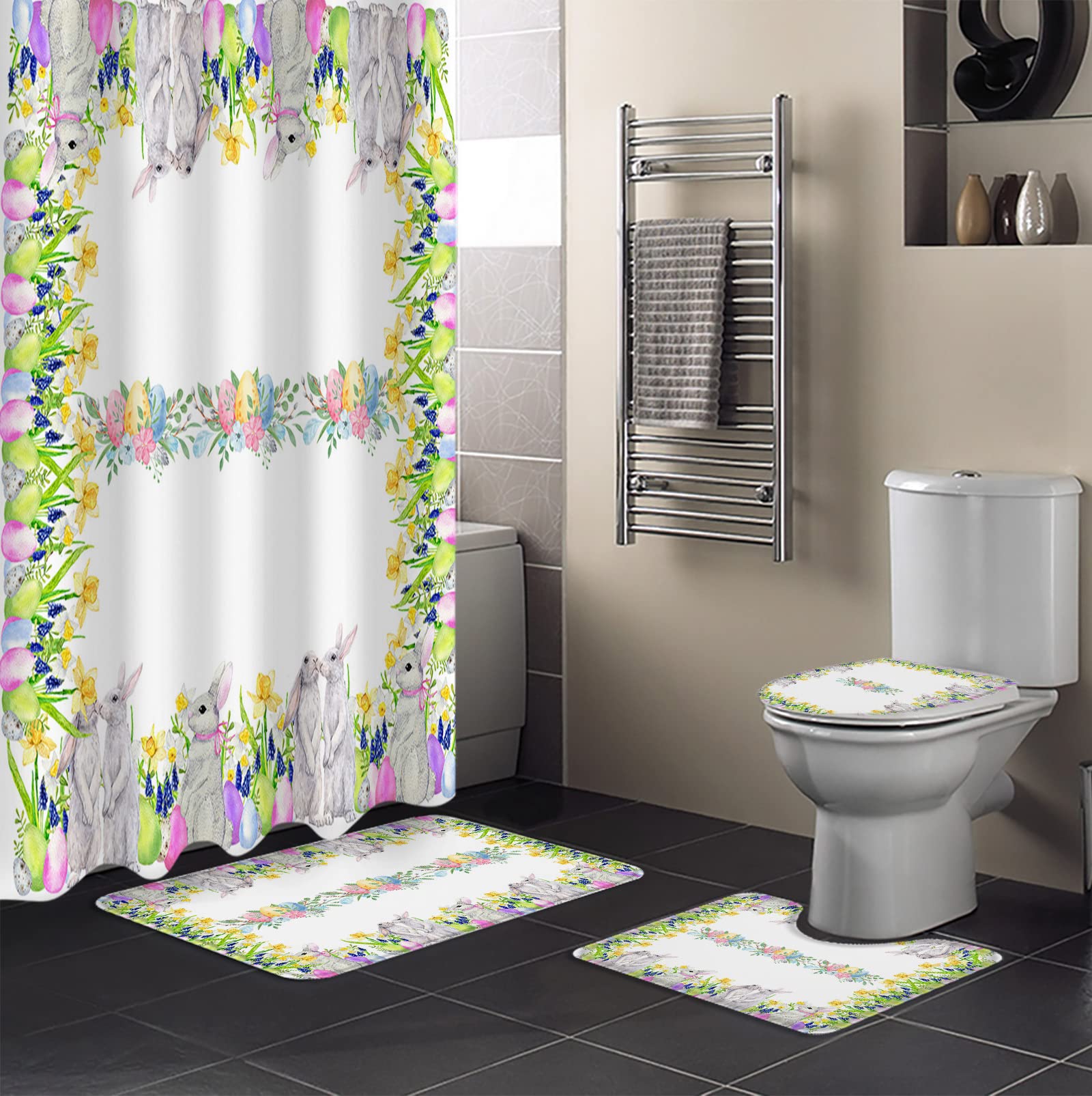 4-Piece Easter Bunny Bathroom Set - Non-Slip Floral Shower Curtain with Hooks, Bath Mat, Toilet Lid Cover & Rug - Spring Rabbit & Colorful Egg Design - 36