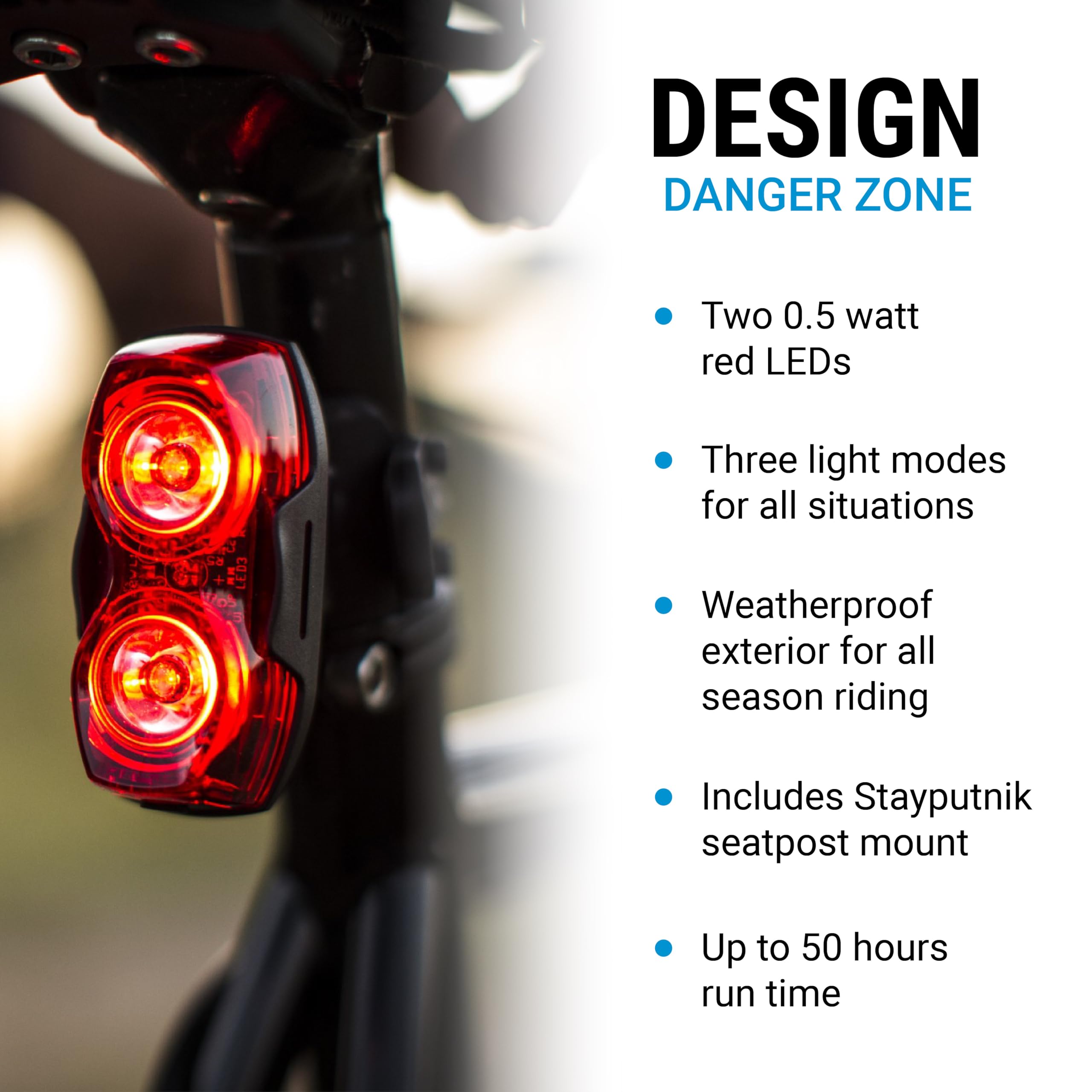 Portland Design Works Danger Zone Tail Light - High Visibility Bike Rear Light for Night Cycling, Running, and Outdoor Safety