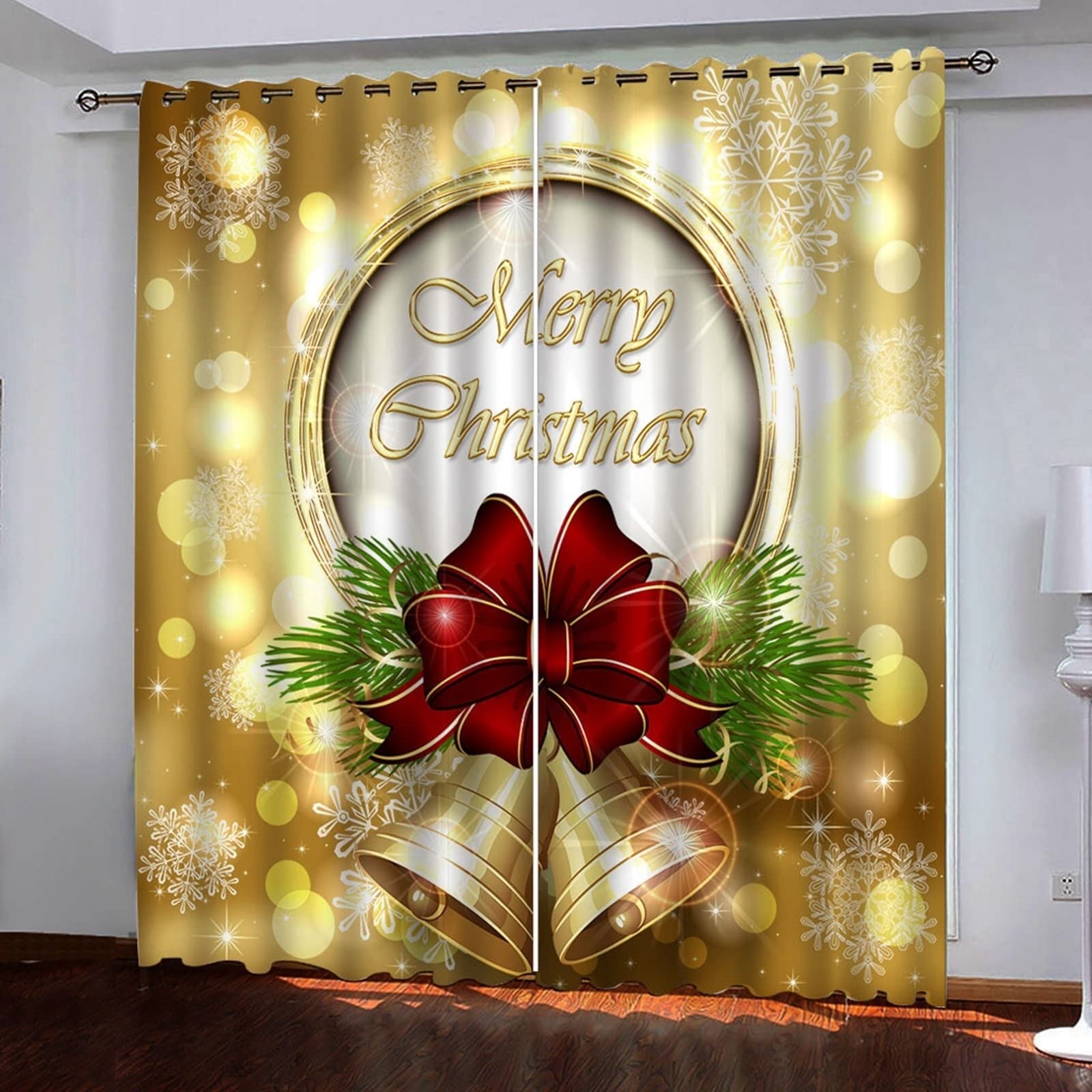 Gold Christmas Themed Bay Window Curtains with Bells - 104x96 Inch Polyester Small Window Treatment for Holiday Decor | Perfect for Living Room, Bedroom & Seasonal Home Décor