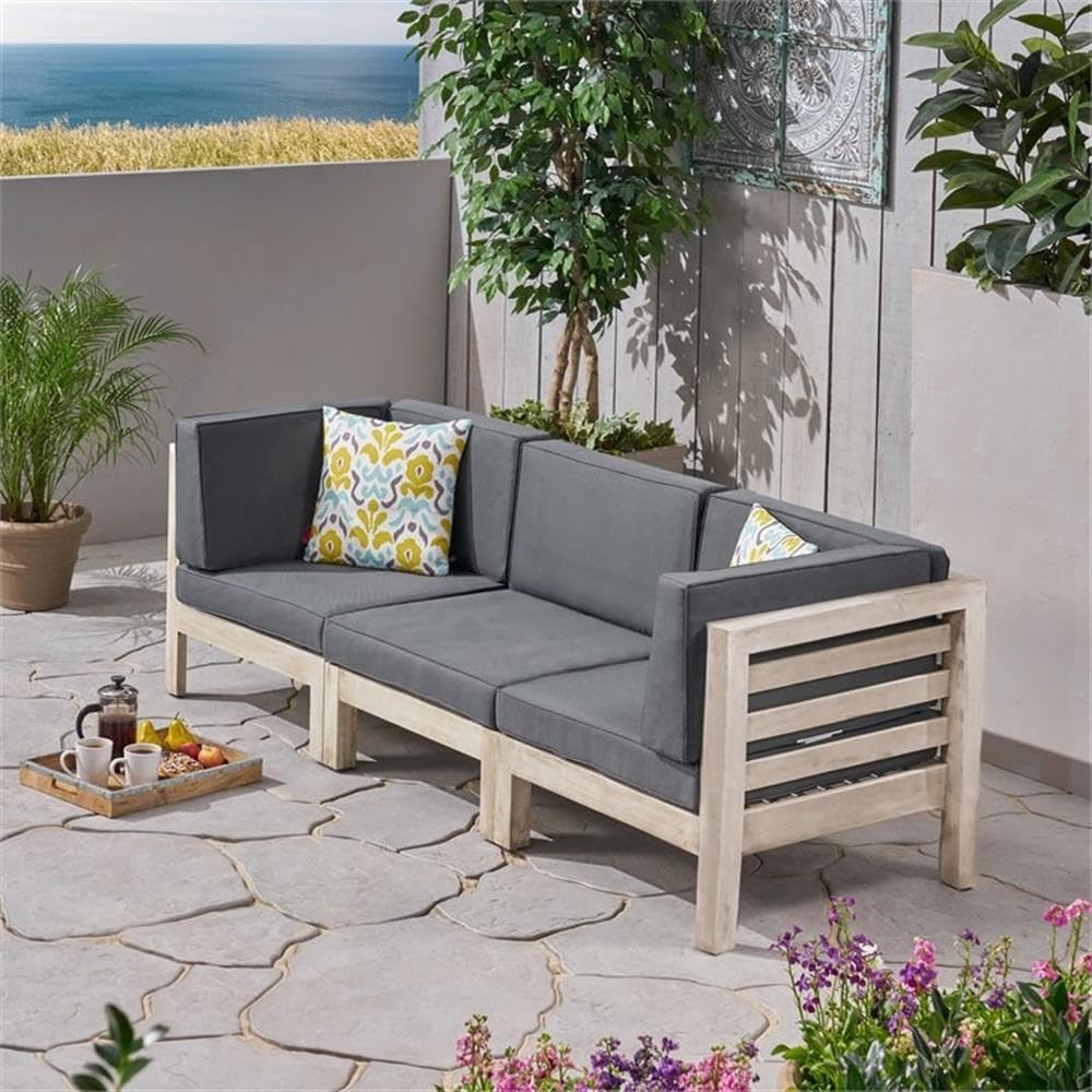 Noble House Oana Outdoor Acacia Wood Sofa with Weather-Resistant Cushions in Gray/Dark Gray - Perfect for Patio, Garden, and Poolside Relaxation
