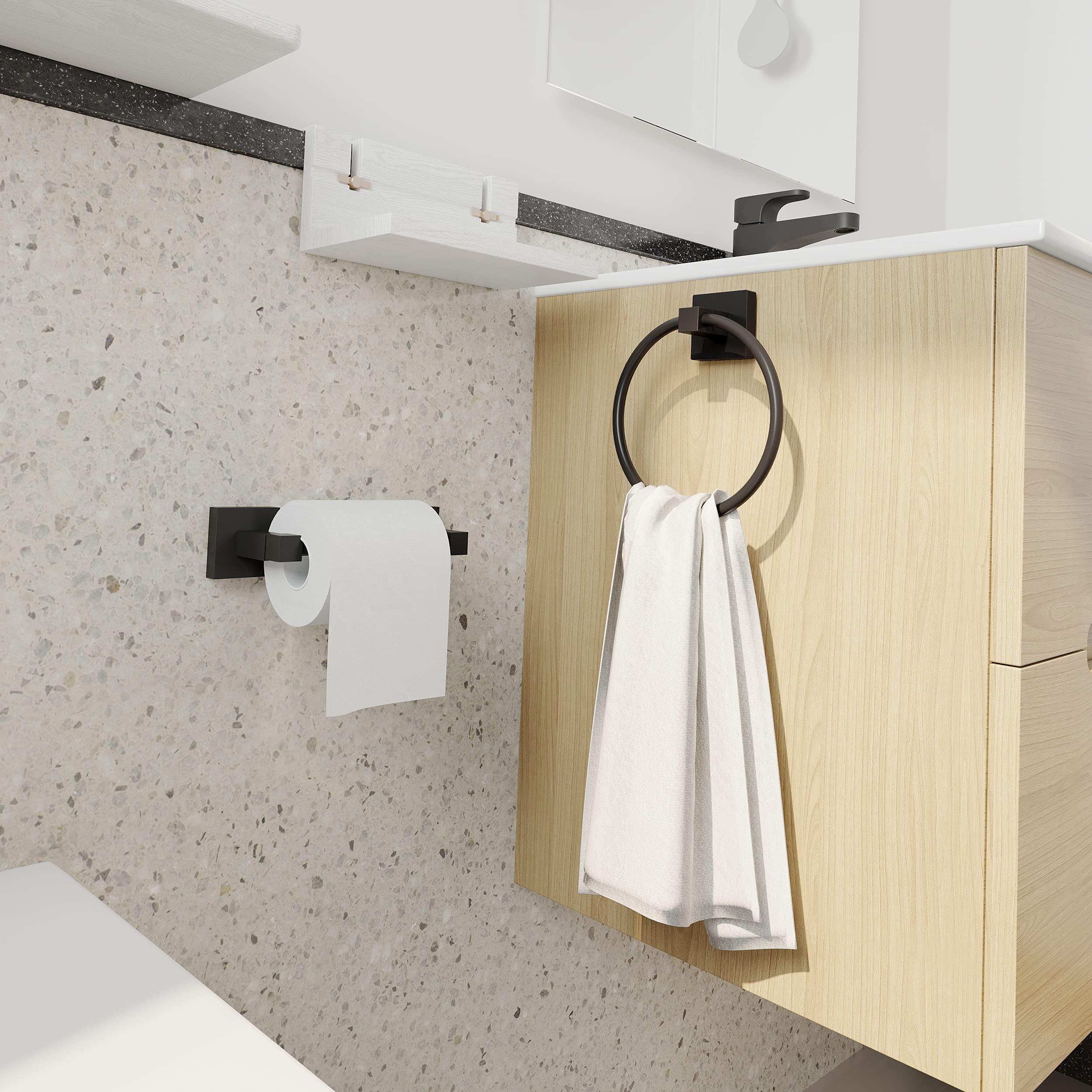 Modern Matte Black Toilet Paper Holder & Towel Ring Set - Stainless Steel & Zinc Alloy Wall Mounted Bathroom Hardware (2-Piece) - Perfect for Contemporary Homes, Apartments & Luxury Hotels