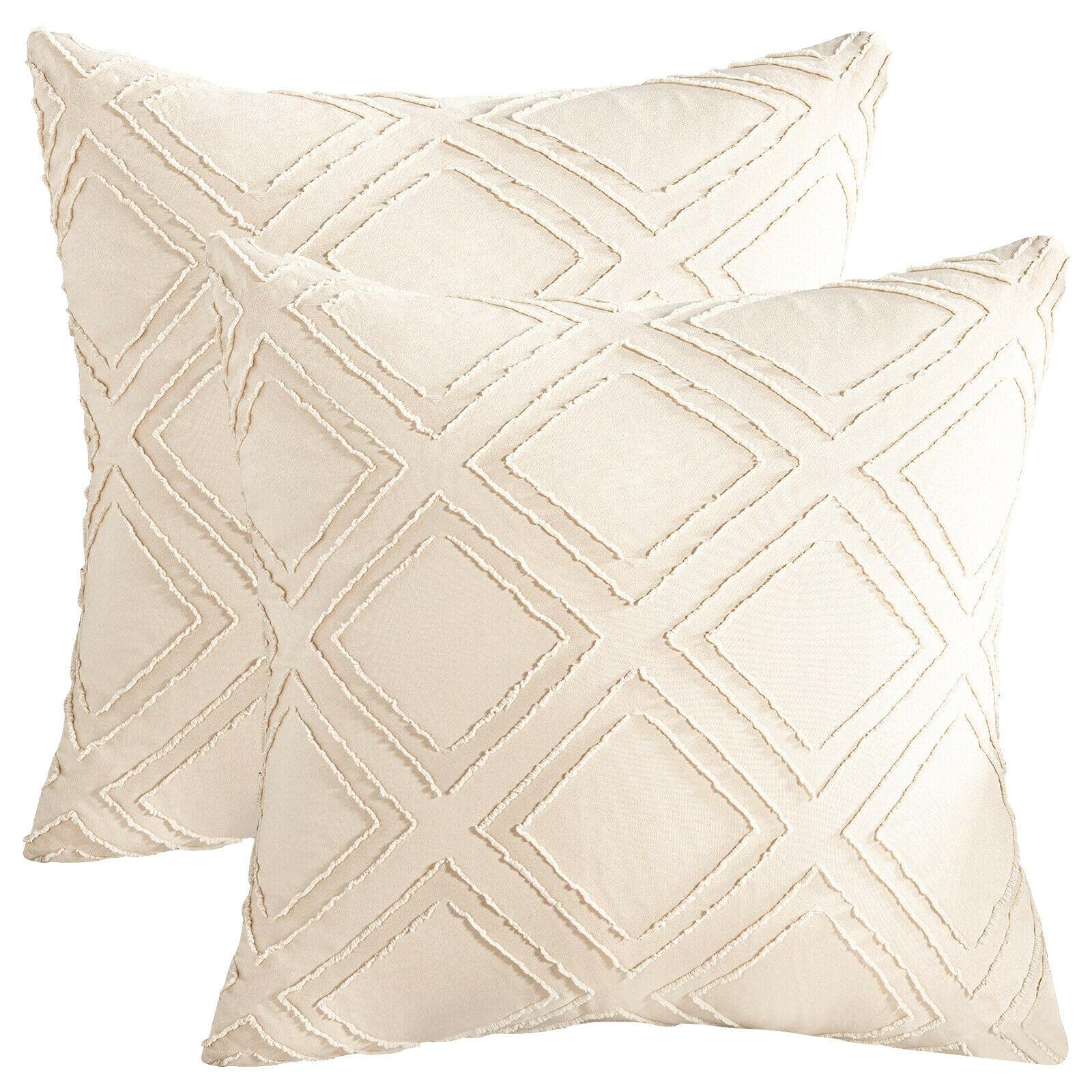 2-Pack 18x18 Inch Cotton Linen Throw Pillow Covers for Couch & Bed - Soft Decorative Pillow Cases for Sofa, Living Room, Bedroom Decor - Home Accent Pillows for Comfort & Style (Beige/White) - Perfect for Cozy Living Spaces & Guest Room Styling