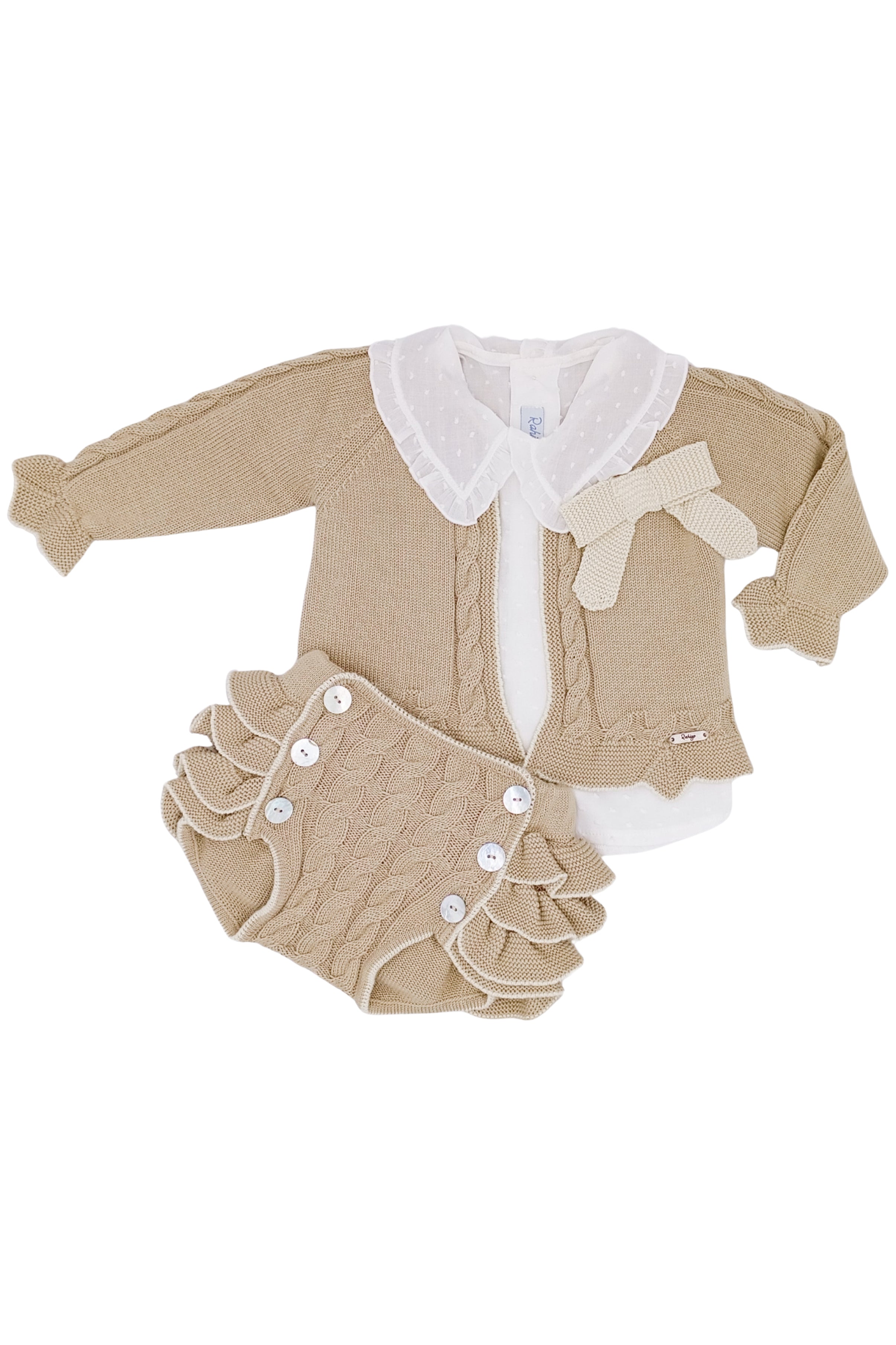 Tilly Camel & Cream Cable Knit Cardigan Set with Blouse & Bloomers - Cozy Winter Outfit for Women, Perfect for Holiday Gatherings & Family Photos