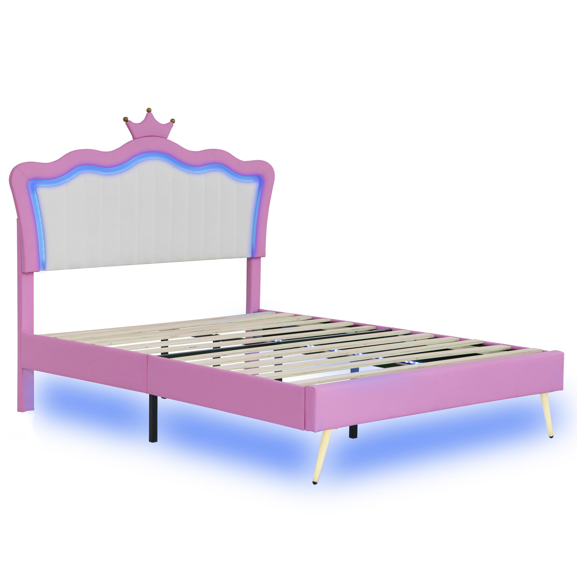 Linique Full Size Upholstered Bed Frame with LED Lights - Modern Princess Bed with Crown Headboard in Pink & White - Perfect for Girls' Bedroom, Teen Room Decor & Luxury Bedroom Makeover