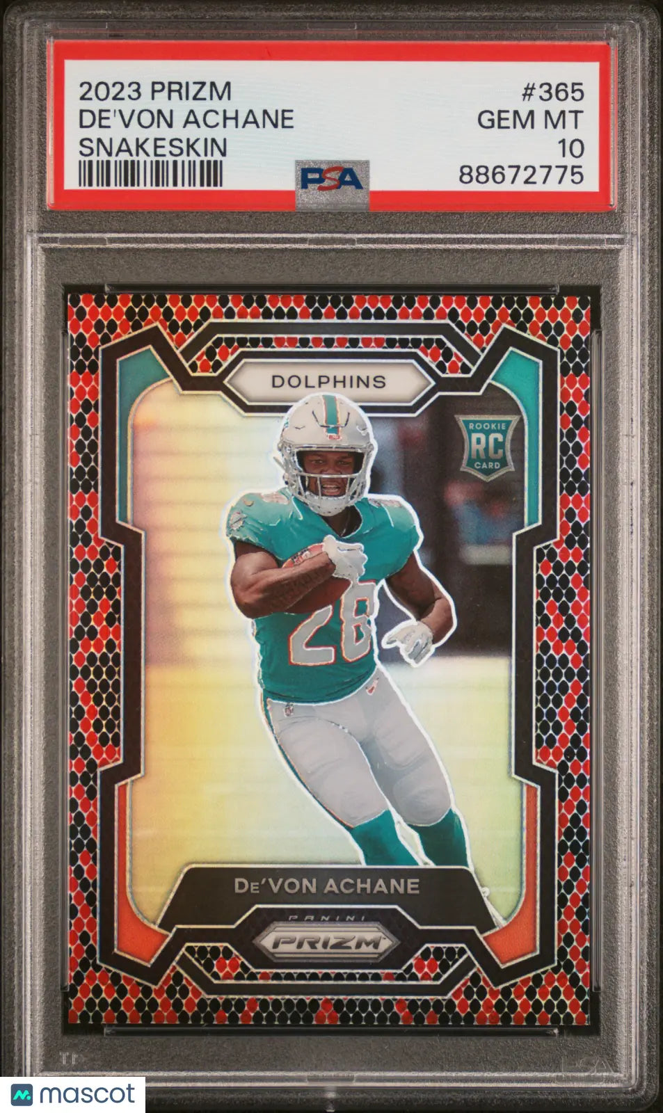 2023 Panini Prizm Football De'von Achane Rookie Card Snakeskin Parallel PSA 10 Gem Mint - Rare Collectible for Sports Memorabilia & Investment