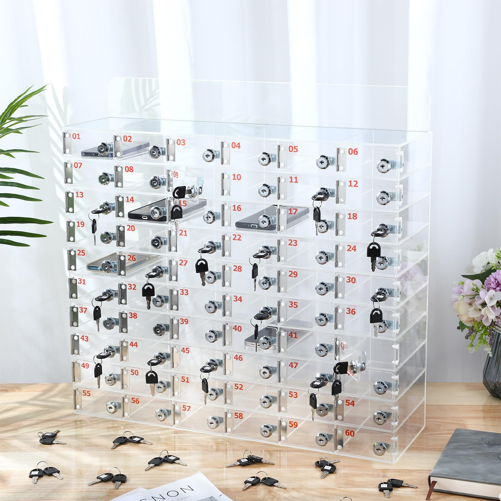 60-Slot Clear Acrylic Cell Phone Locker Box with Door Locks & Keys - Wall Mounted Phone Storage Cabinet for Classroom, School, Office (29.13