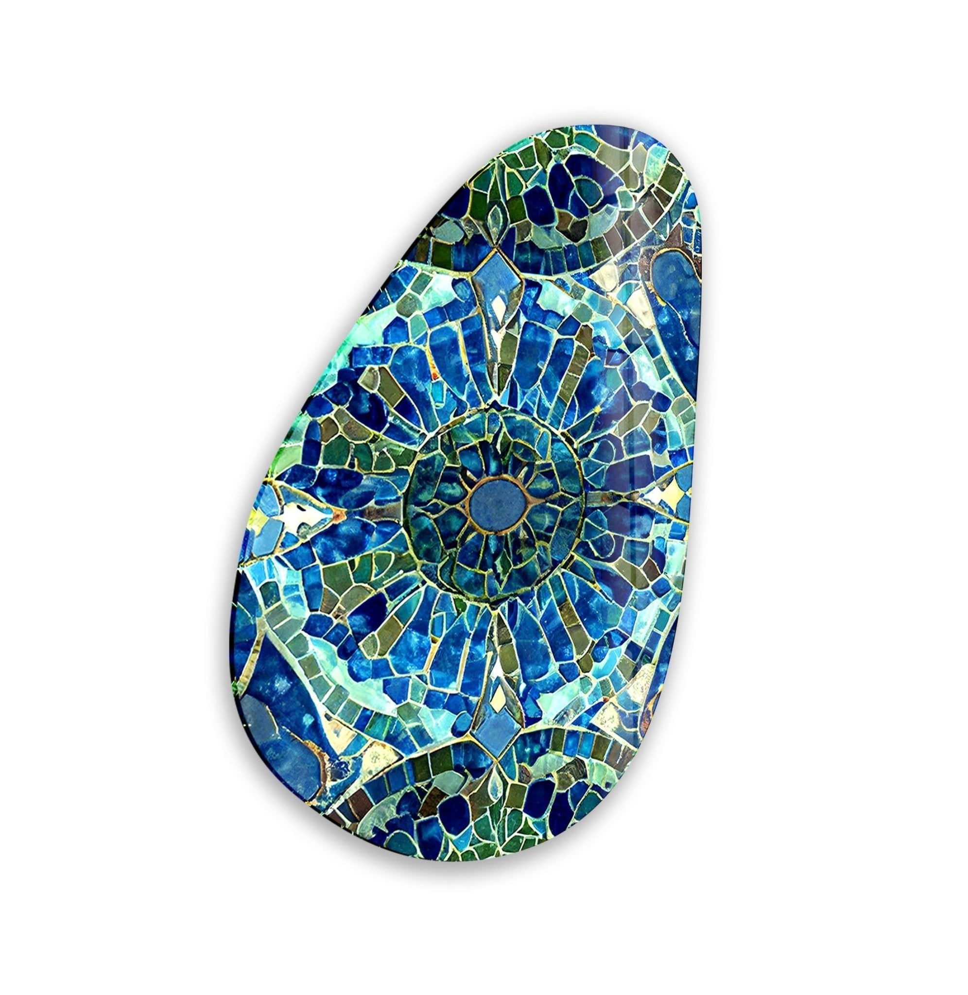 Asymmetrical Oval Blue Mosaic Design Glass Wall Art - Handmade Modern Home Decor for Living Room, Bedroom, or Office - Perfect for Bohemian & Coastal Interior Design Styles