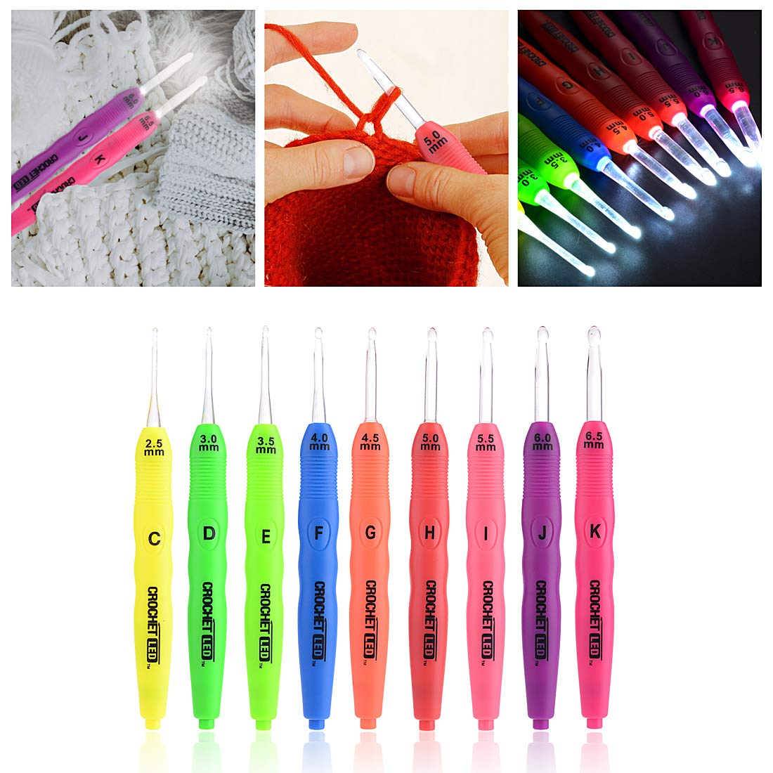 LED Light Up Crochet Hooks Set - 9 Ergonomic Illuminated Crochet Needles (2.5mm-6.5mm) with Color Coded Handles & Storage Organizer - Perfect for Arthritis, Low Light Crocheting & Nighttime Craft Projects