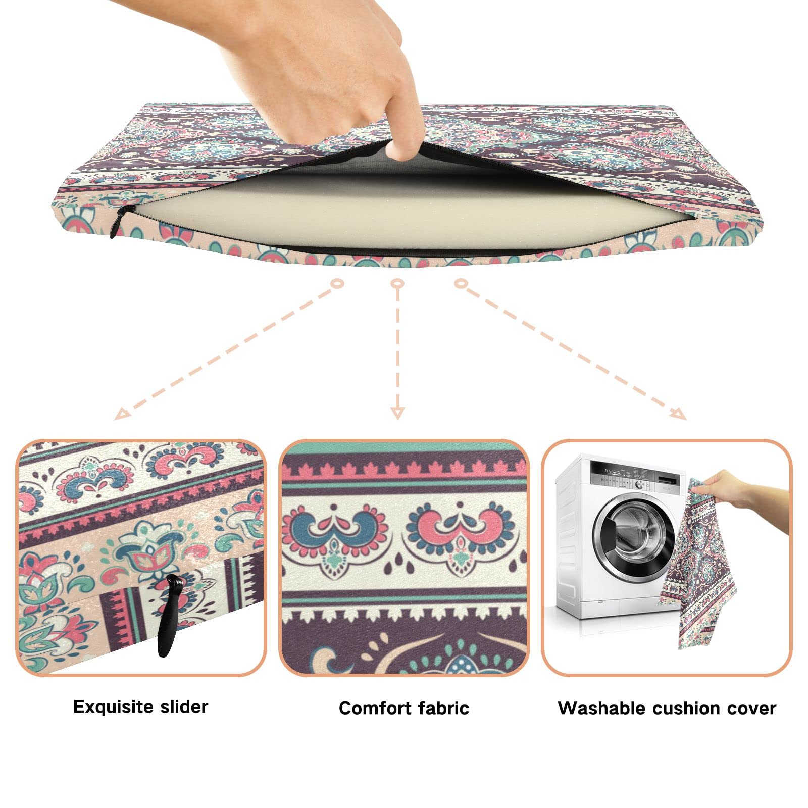 Emelivor Indian Floral Paisley Mandala Memory Foam Seat Cushion - Washable Chair Pad for Dining, Kitchen & Office Chairs - Comfortable Support for Home & Work Use