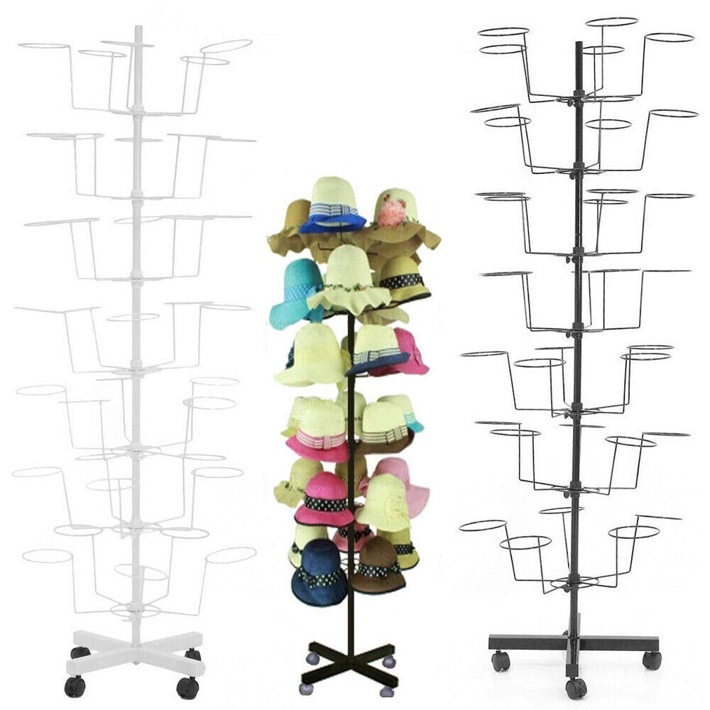 DYRABREST 7-Tier Metal Hat Display Stand - Adjustable Freestanding Rotating Hat Rack with 4 Wheels - Holds 35 Hats (White) - Perfect for Retail Stores, Boutiques & Home Hat Organization