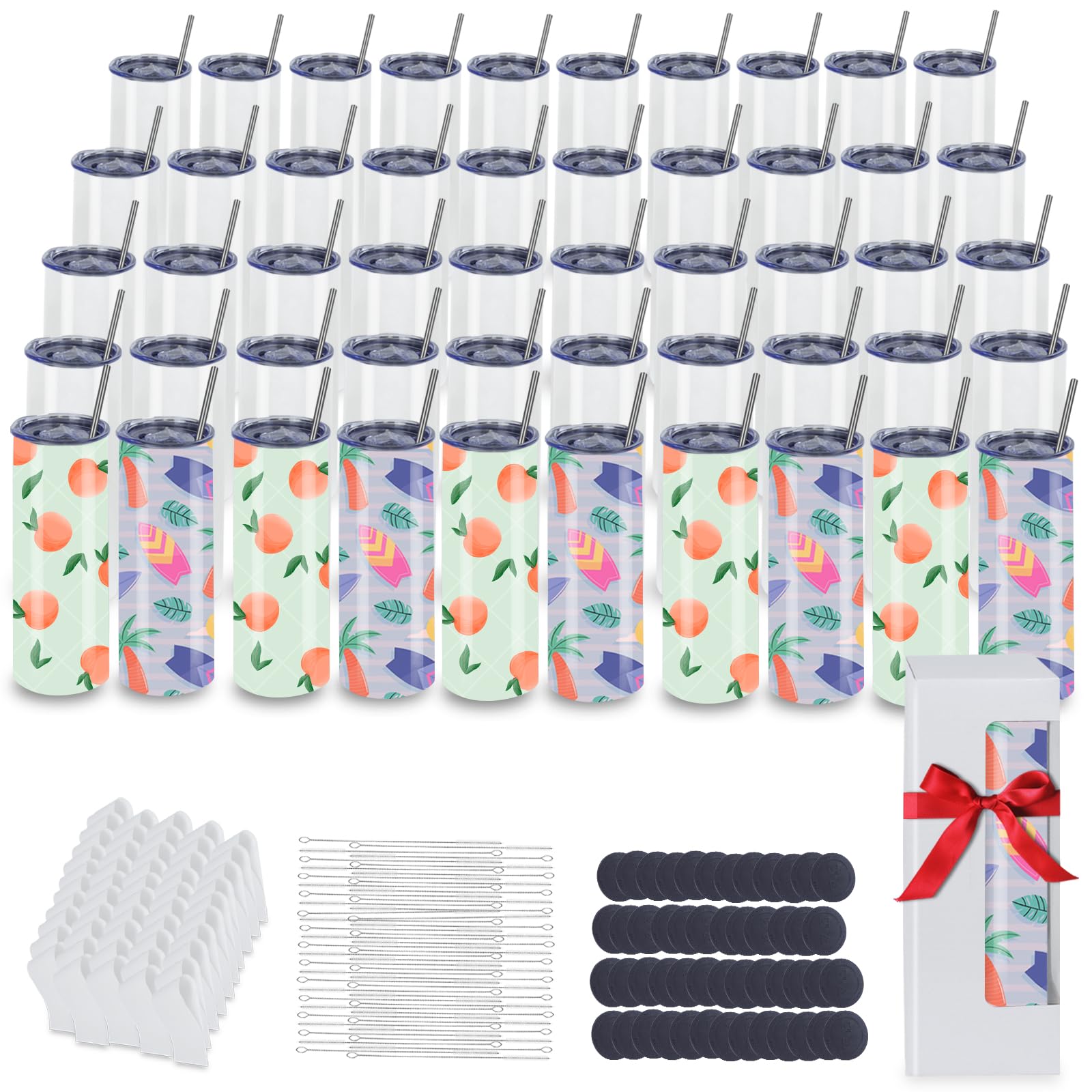 50 Pack 20 Oz Skinny Straight Stainless Steel Sublimation Tumblers - Blank Insulated Cups for DIY Customization - Individually Gift Boxed - Perfect for Personalized Gifts, Promotions & Home/Office Use