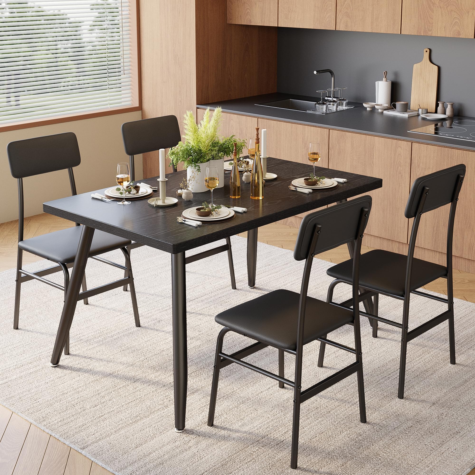 Gizoon 5-Piece Modern Dining Table Set for 4 - Metal & Wood Kitchen Table with 4 Chairs, Space-Saving Apartment Furniture for Small Spaces in Black | Perfect for Breakfast Nooks, Compact Kitchens & Cozy Dining Areas