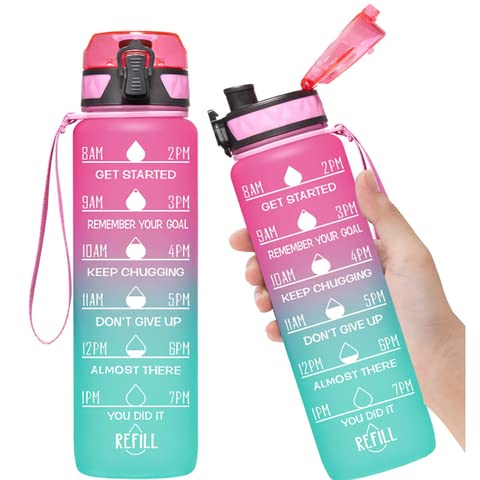 1L Motivational Water Bottle with Time Marker - Leak Proof, Unbreakable, BPA Free & Non-Toxic - Perfect for Office, Gym & Outdoor Activities (Pink)