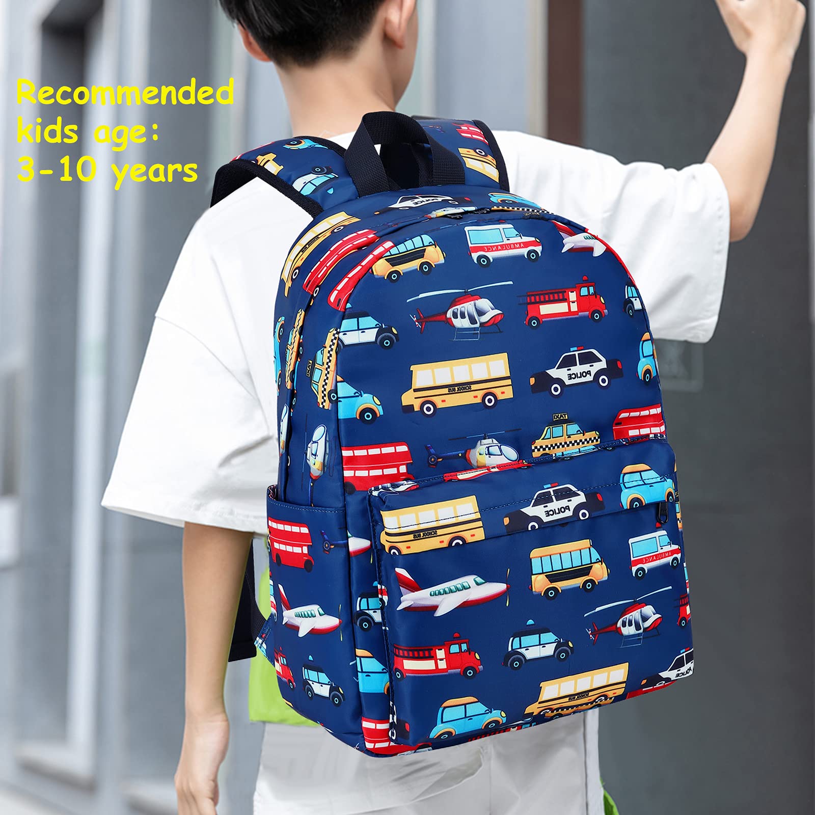 LEDAOU Kids School Backpack with Lunch Box - Boys Book Bag for Kindergarten & Preschool - Car Airplane Design Navy Blue Backpack - Perfect for School, Travel & Daily Use