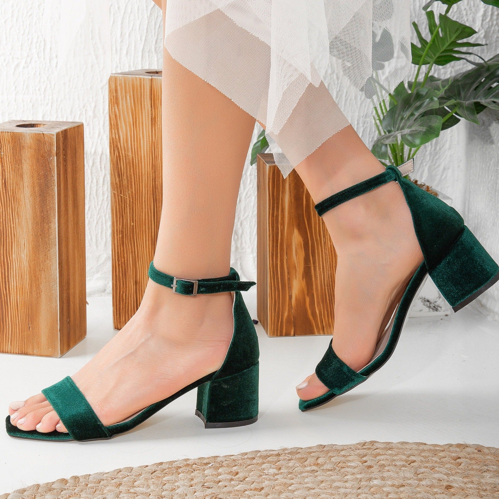 Hera Green Velvet Low Heel Sandals with Ribbon - Comfortable Women's Dress Shoes for Weddings, Parties & Special Occasions