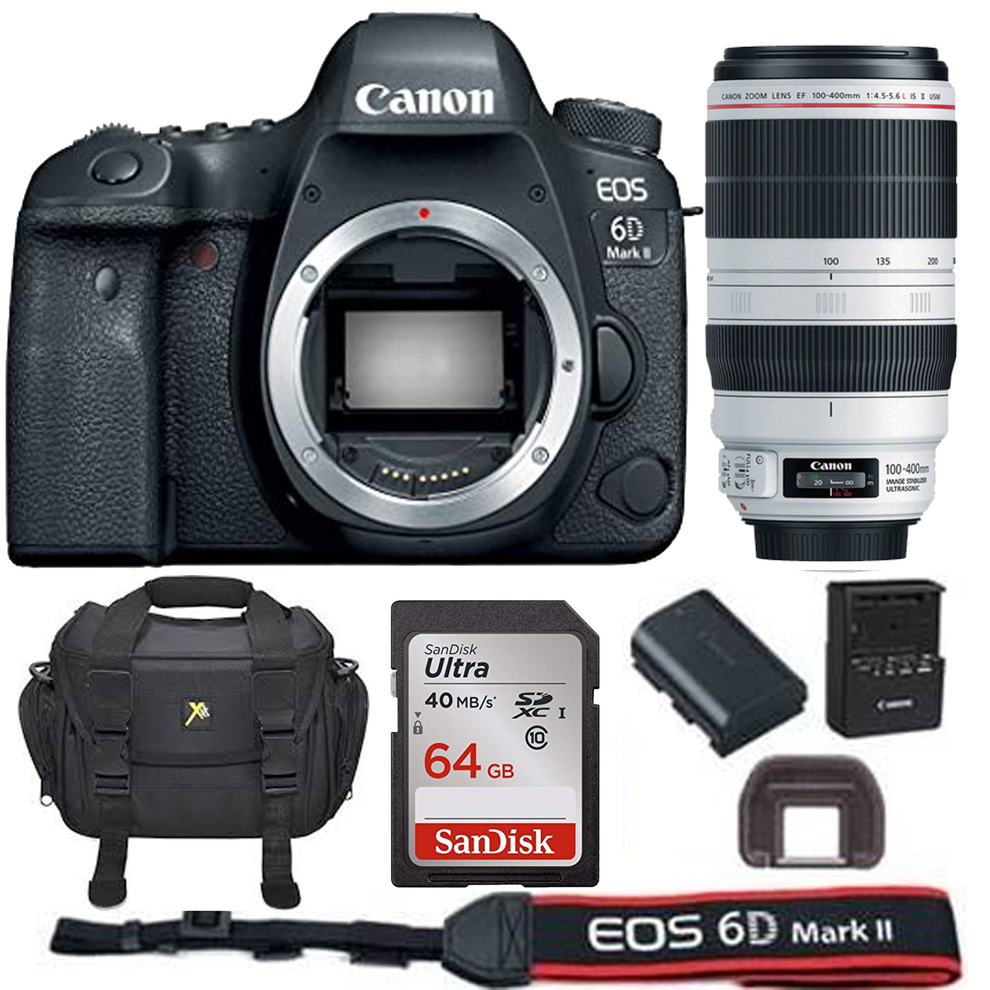 Canon EOS 6D Mark II DSLR Camera with EF 100-400mm f/4.5-5.6L IS II USM Lens | Sandisk 64GB SD Card & DSLR Case Bundle Kit for Wildlife Photography, Sports & Travel