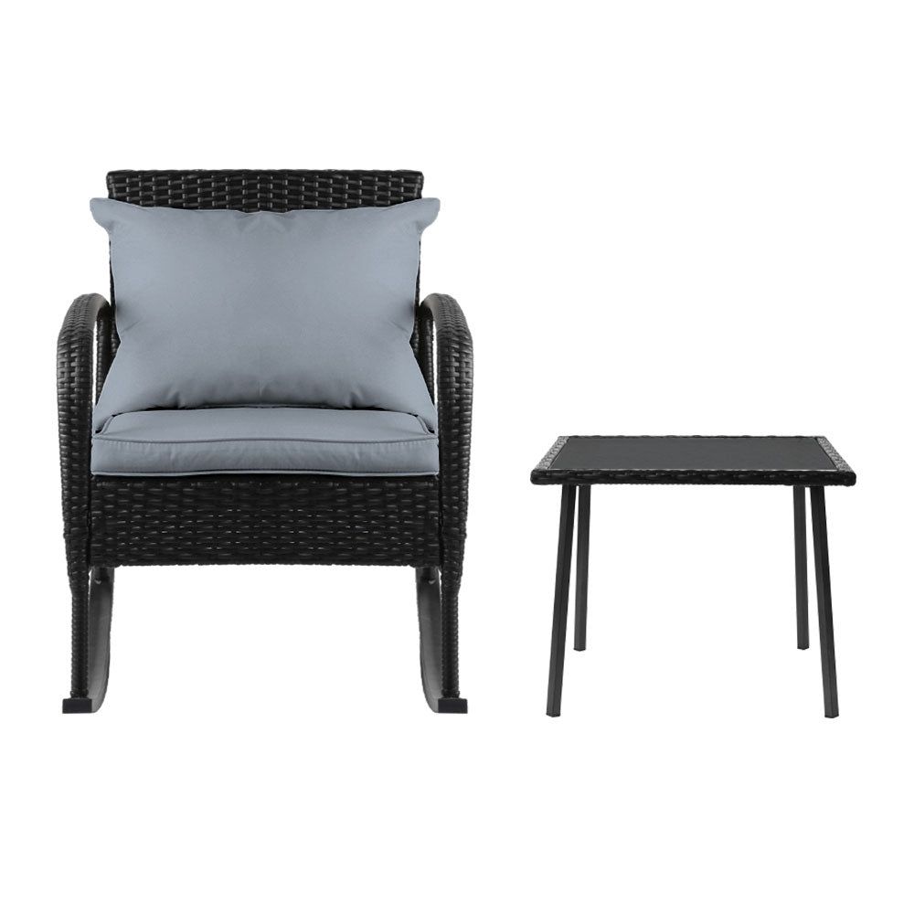Gardeon 3-Piece Outdoor Rocking Chair Set - Black - Perfect for Patio, Garden, and Porch Relaxation