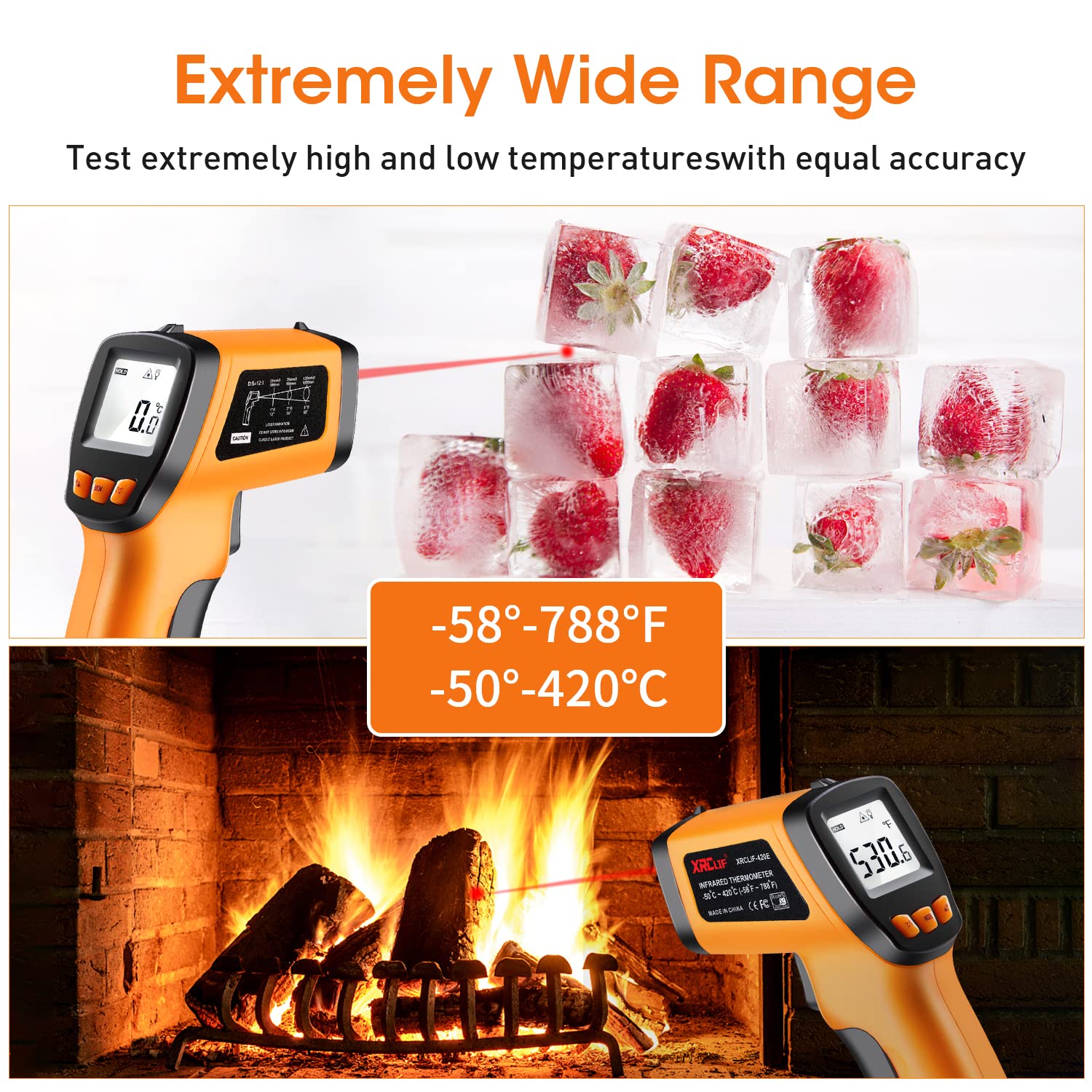 Non-Contact Infrared Thermometer Gun -58°F to 788°F (-50°C to 420°C) with Laser Pointer & Adjustable Emissivity - Digital Temperature Gun for Cooking, BBQ, Pizza Oven, Grill, Engine, HVAC - Perfect for Home, Kitchen, Automotive and Industrial Use