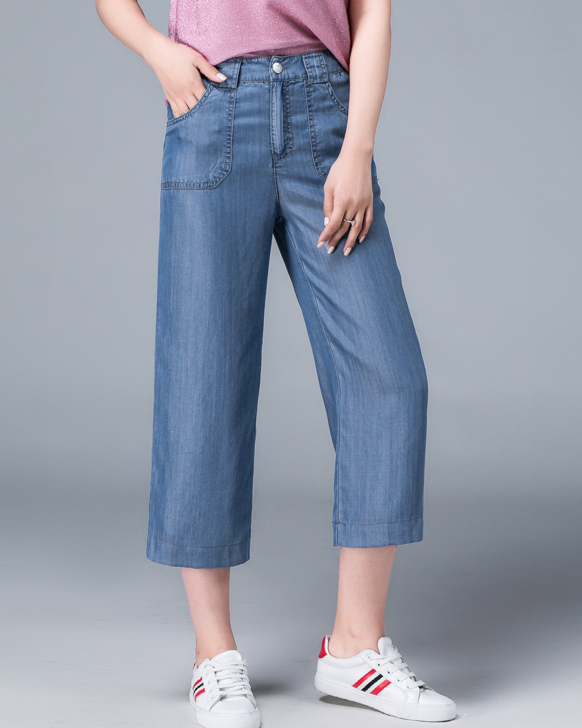 Sunfan Women's High Rise Wide Leg Capri Tencel Jeans - Relaxed Fit Blue Denim Pants for Casual Wear & Summer Outfits