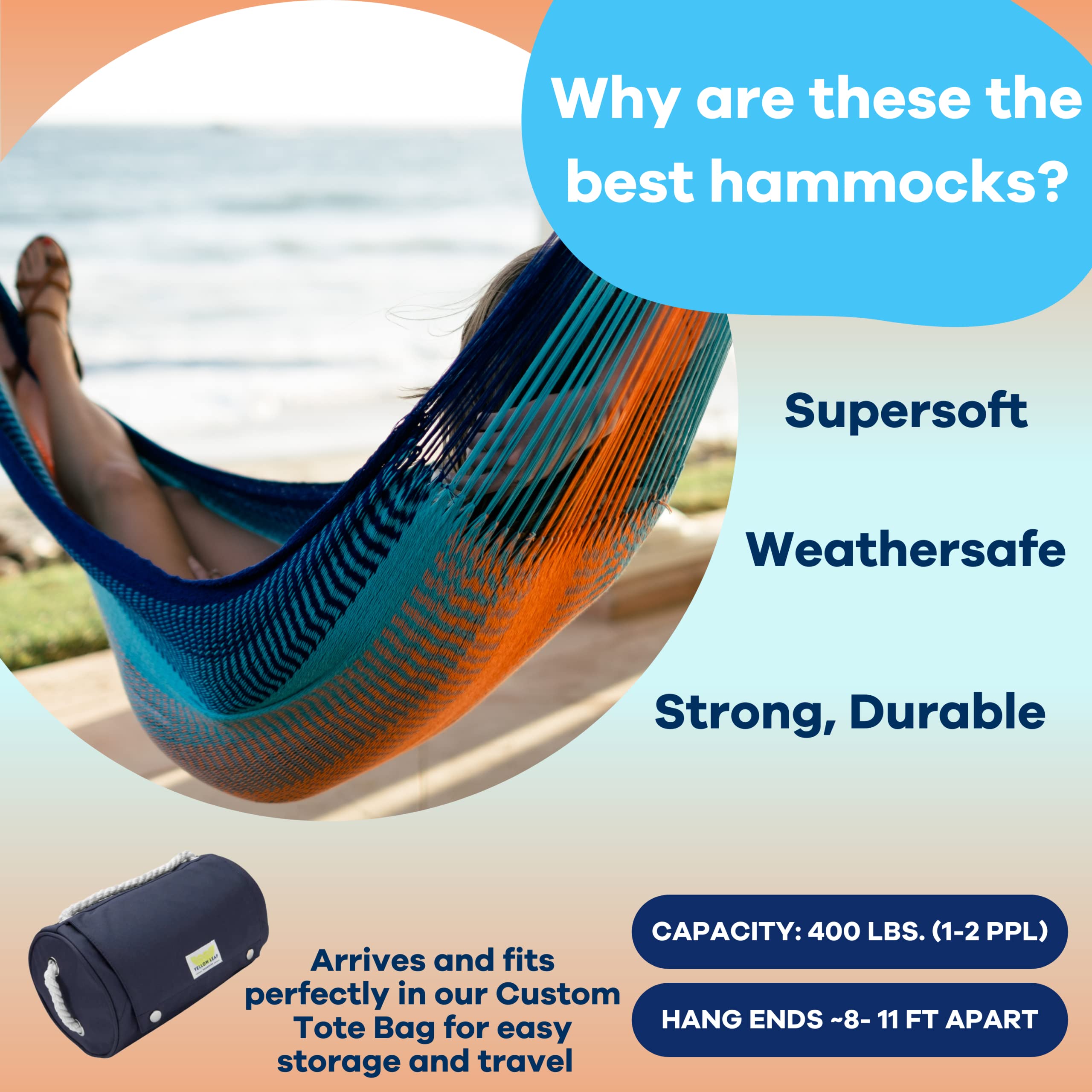 Premium Handwoven Double Hammock by Yellow Leaf - 400lb Capacity, Weather-Resistant & Ultra Soft - Perfect for Backyard, Beach, Camping & Travel - Artisan-Made in Blue & Orange