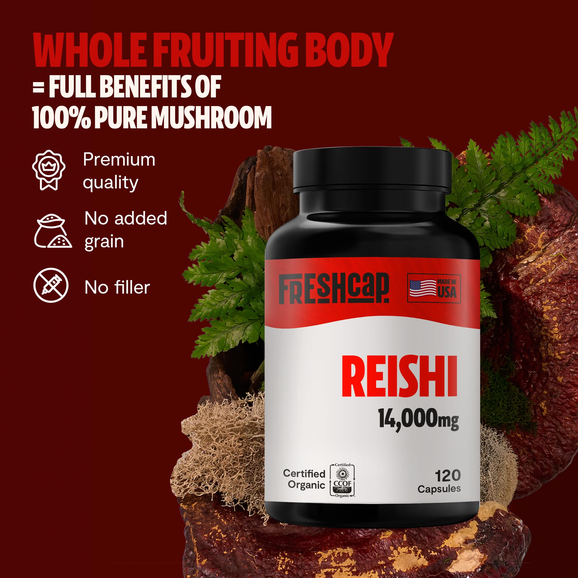 FreshCap Reishi Mushroom Supplement 14,000mg - Organic Reishi Mushroom Capsules with Mushroom Extract & Herbal Blend, Ayurvedic Nootropic Red Reishi for Immune Support & Stress Relief (120 Capsules) - Perfect for Daily Wellness & Cognitive Enhancement