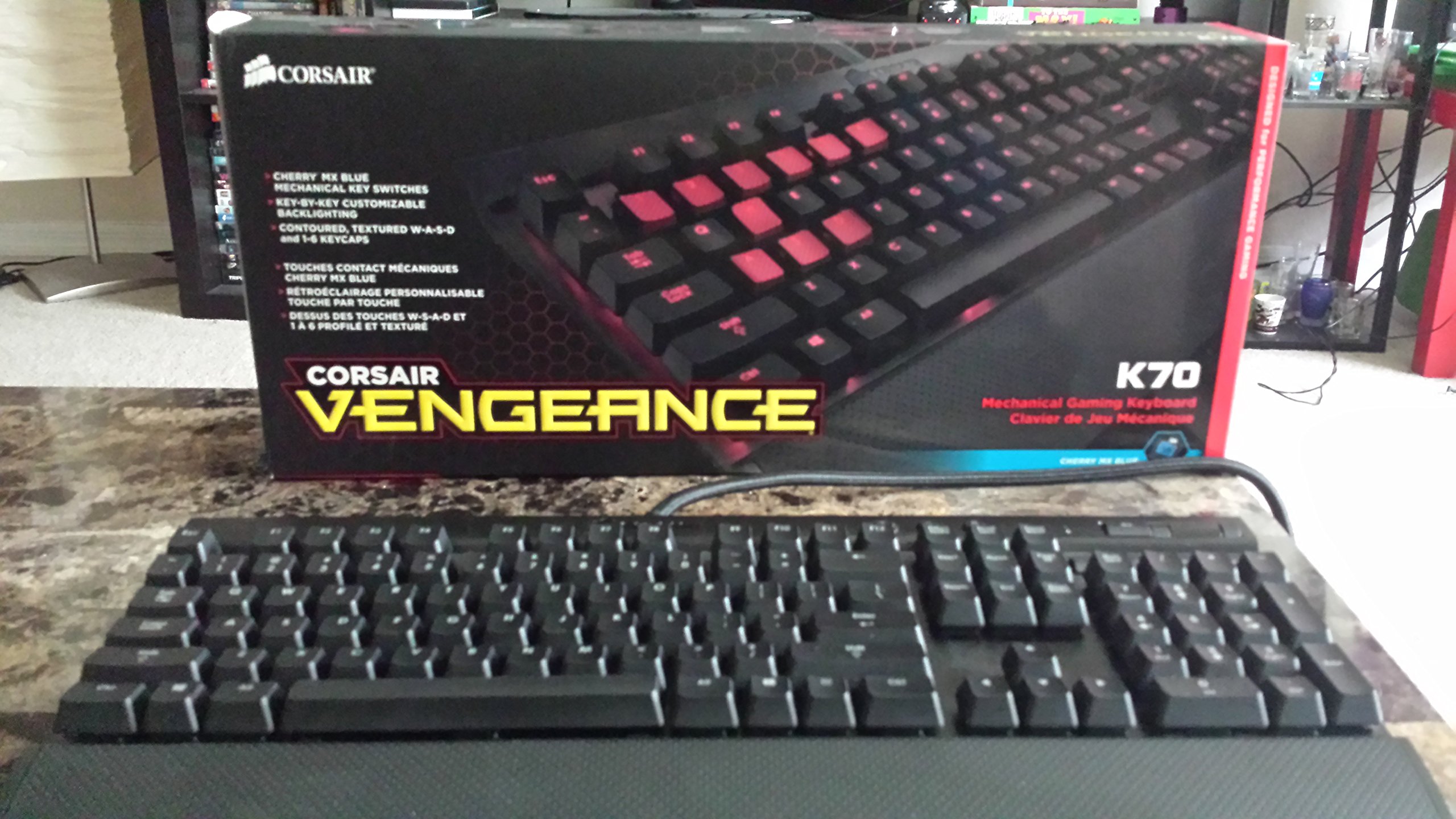 Corsair K70 RGB Mechanical Gaming Keyboard - Cherry MX Blue Switches, Red LED Backlit, USB Wired (CH-9000076-NA) - Perfect for PC Gaming, Esports & Typing
