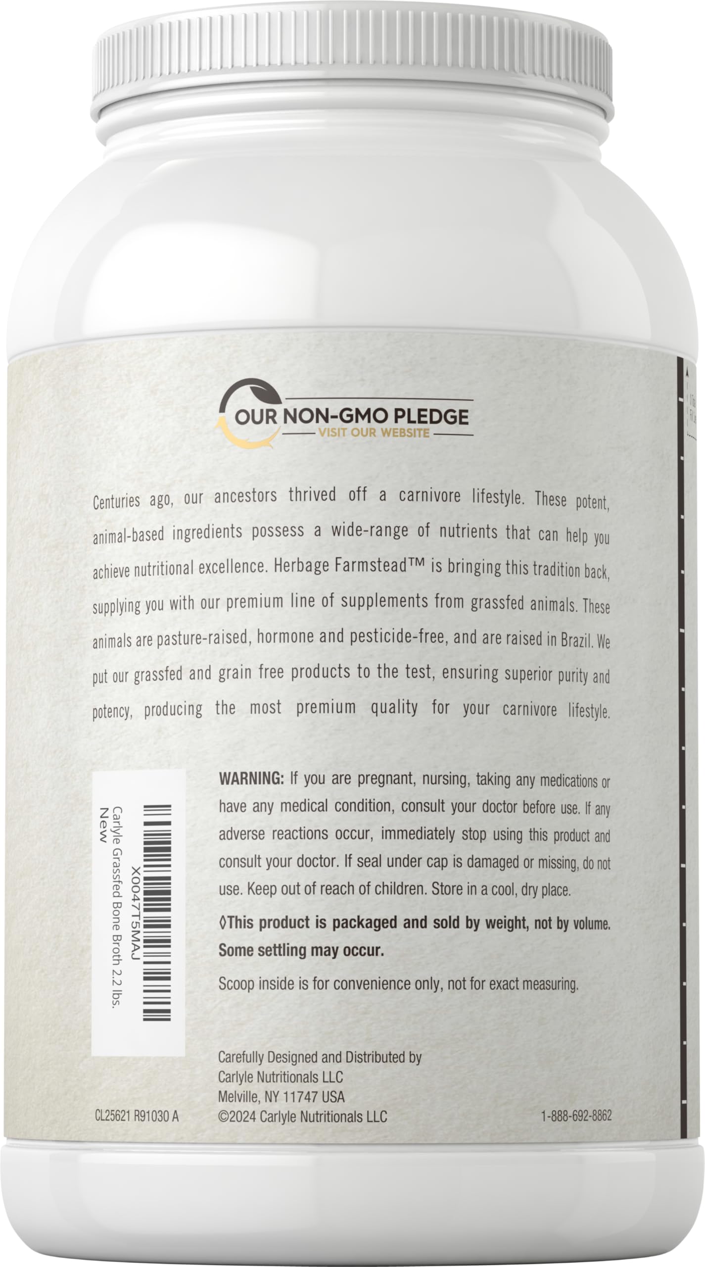 Carlyle Grass Fed Bone Broth Protein Powder - 35.2oz (2.2lb) | 20g Collagen Protein per Serving | Pasture Raised, Grain Free, Non-GMO & Gluten Free Supplement | Supports Muscle Recovery & Gut Health | Ideal for Keto, Paleo & Post-Workout Nutrition