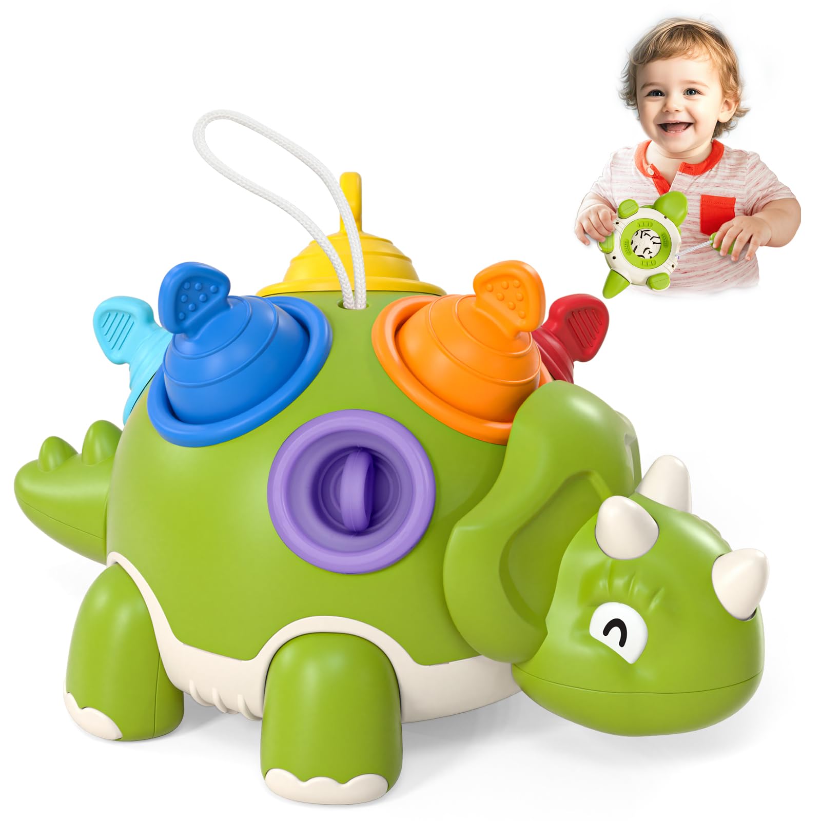 Lehoo Castle Pop Fidget Sensory Toys for Kids 1-3 Years - Montessori Push Bubble Spinning Toys for Autism, Fine Motor Skills Development - Dinosaur Sensory Toy for Toddlers 12-18 Months - Perfect 1st Birthday Gift for Boys & Girls (Green) - Great for Stress Relief, Classroom Rewards & Travel Entertainment