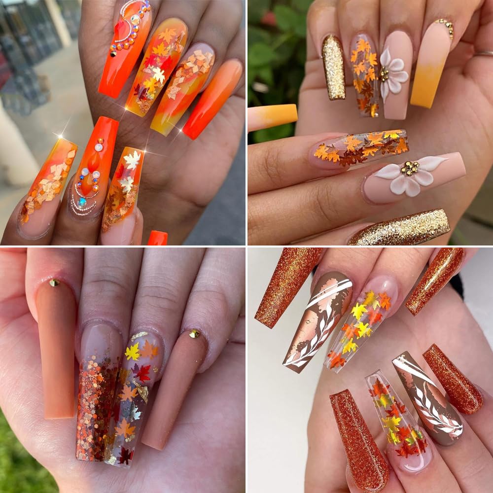 Fall Nail Art Kit - 6 Boxes 3D Gold Maple Leaf Nail Sequins with Glitter Powder in Gold, Yellow & Red | Autumn Leaves Nail Flakes for Acrylic Nails | Perfect for Thanksgiving, Halloween & Fall Nail Designs